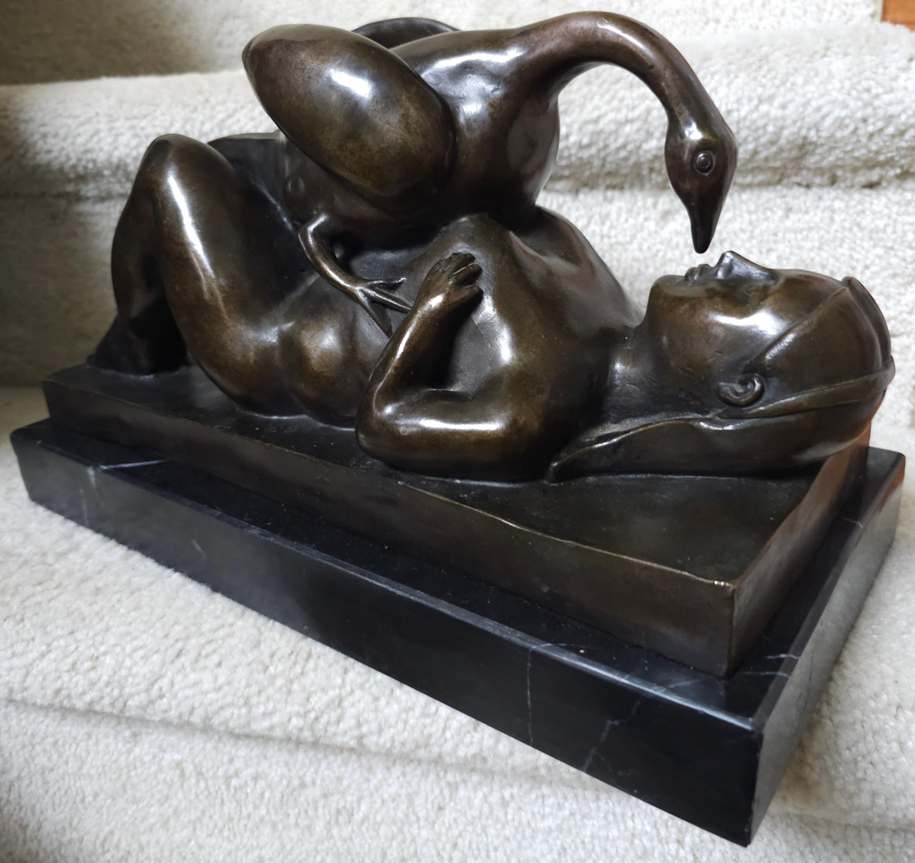 Rubin, French B. 1841 Leda And The Swan, Bronze Sculpture On Marble Plinth In Good Condition For Sale In Germantown, MD
