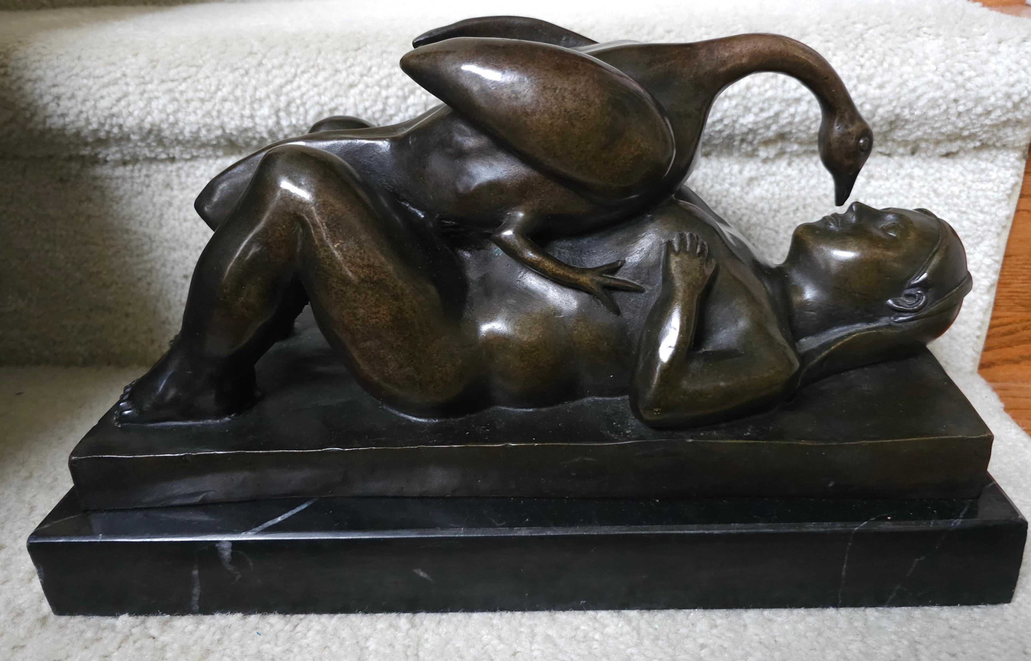 20th Century Rubin, French B. 1841 Leda And The Swan, Bronze Sculpture On Marble Plinth For Sale