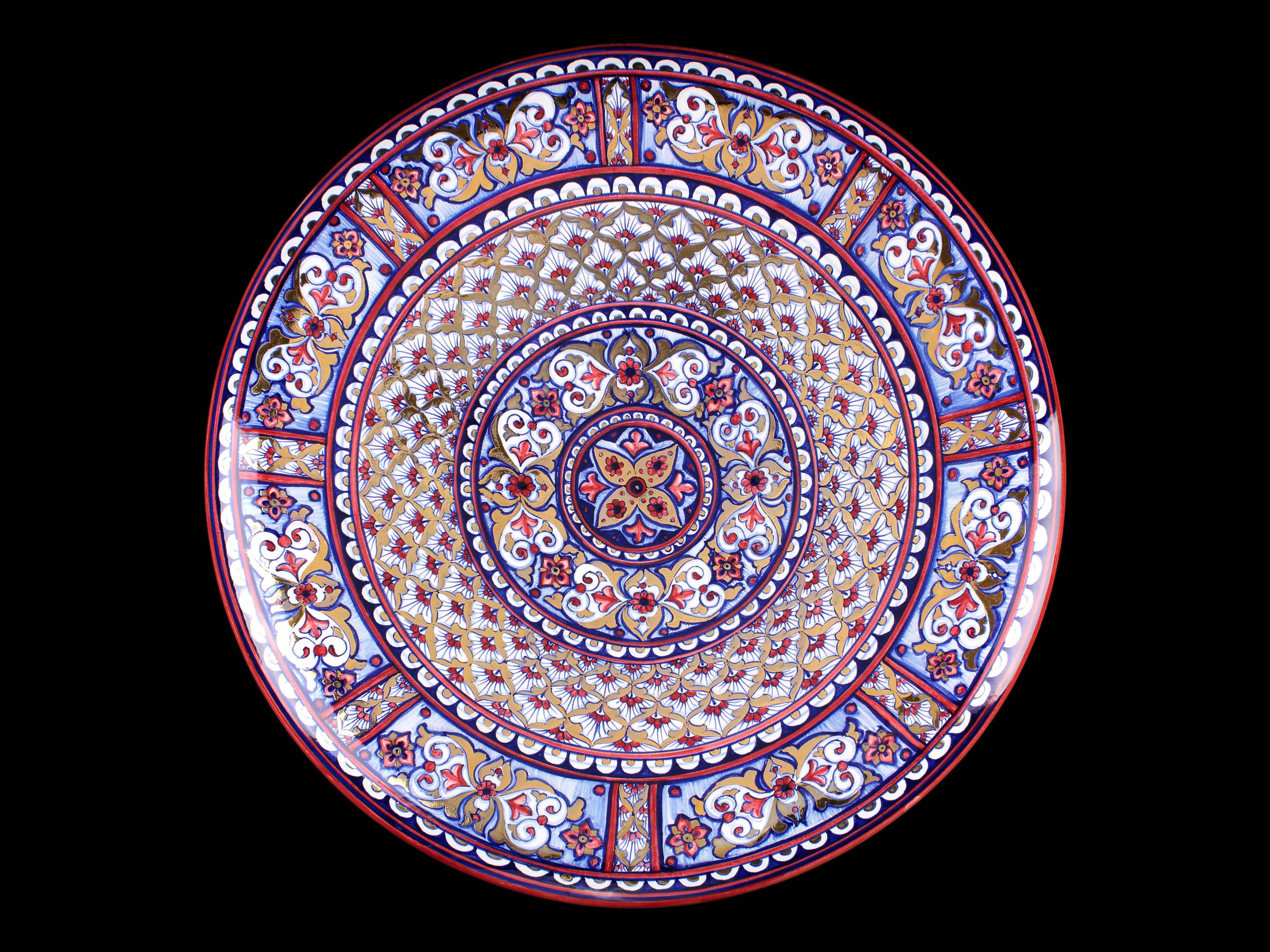 Moorish Rubin Red Plate Gold Luster Glided Hand Painted Majolica Centerpiece Bowl Deruta For Sale