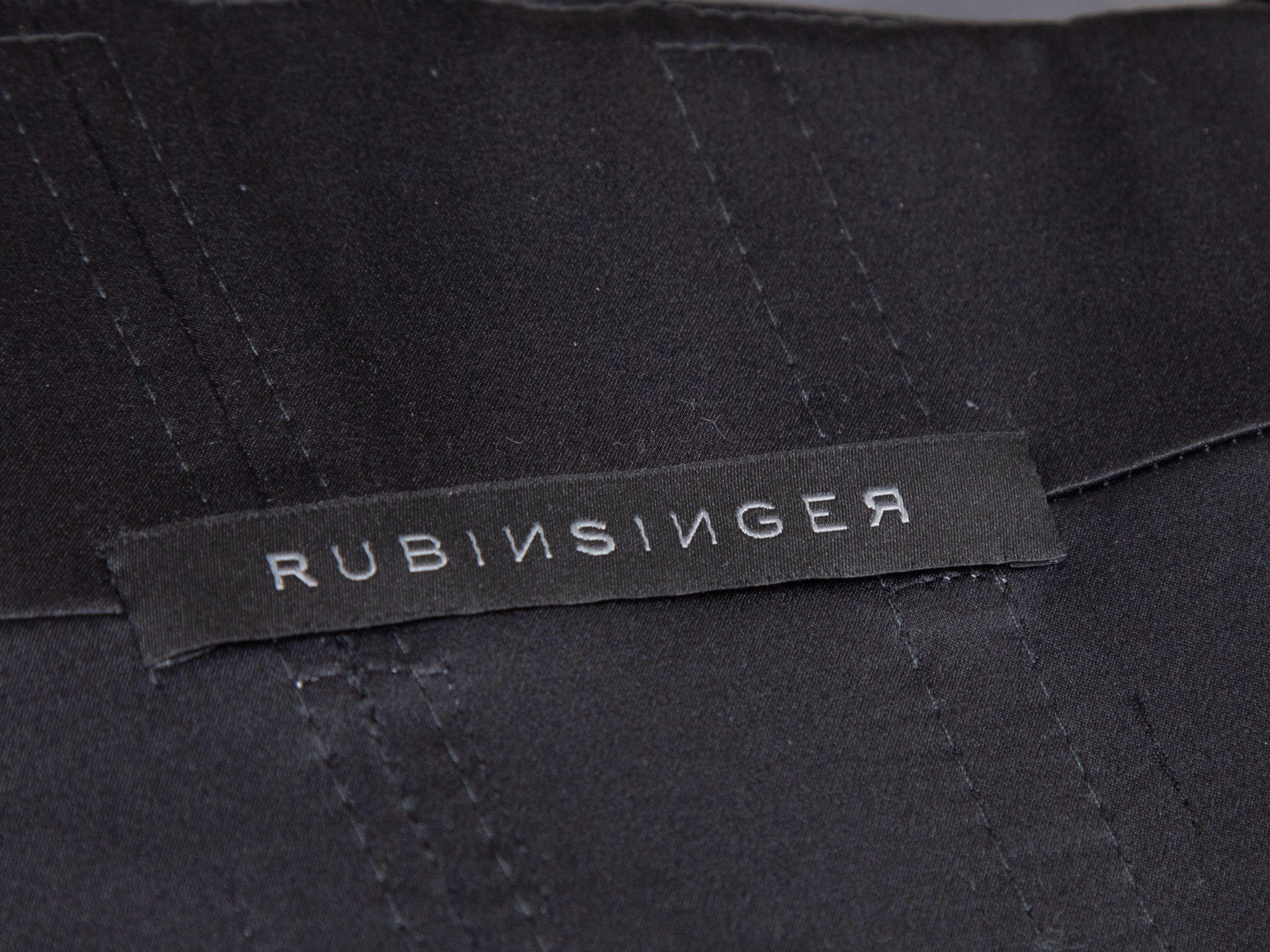 Product Details: Black leather strapless bustier top by Rubin Singer. Straight neckline. Asymmetrical hem. Zip closure at center back. 36