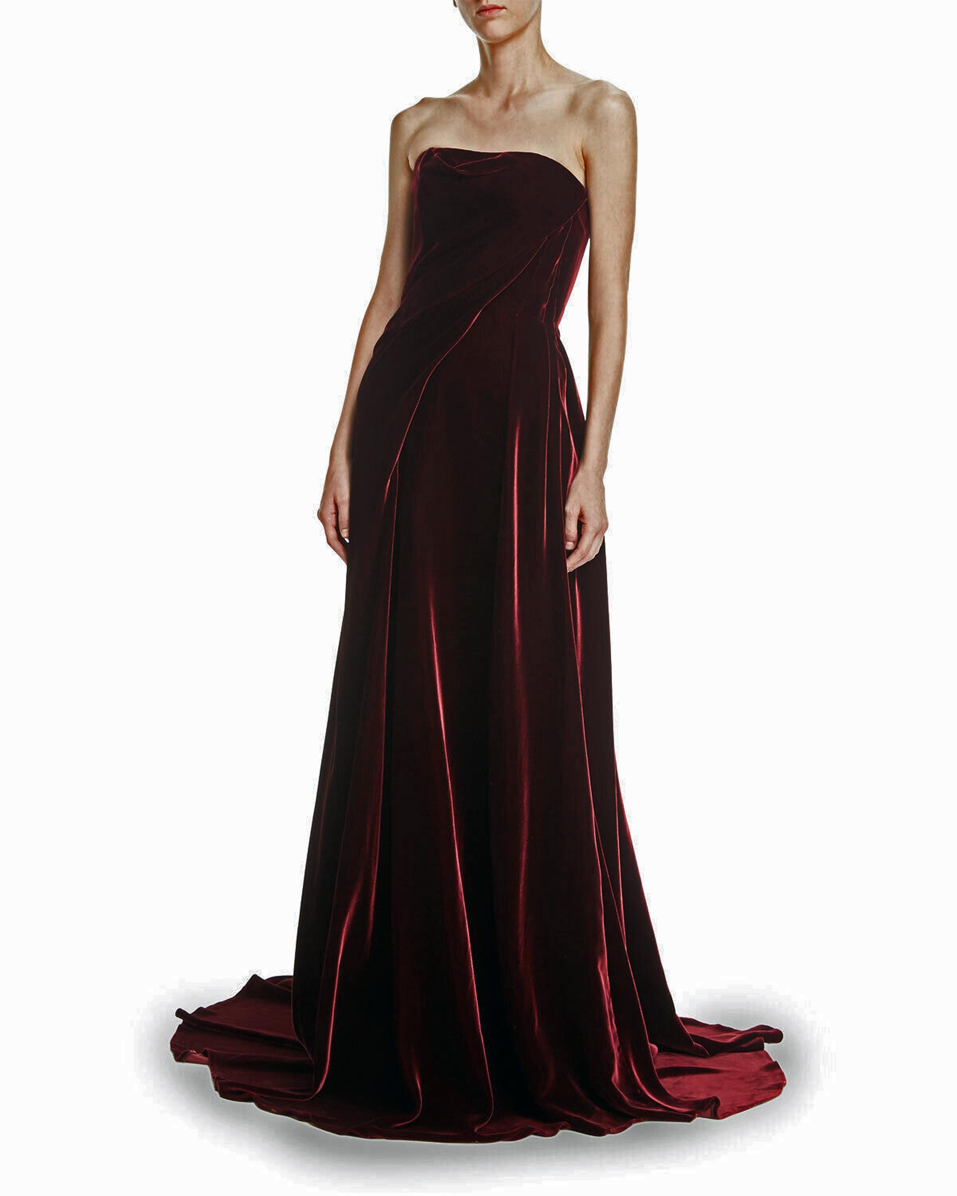 Black Rubin Singer Demi Couture Wine Velvet Strapless Gown Dress For Sale