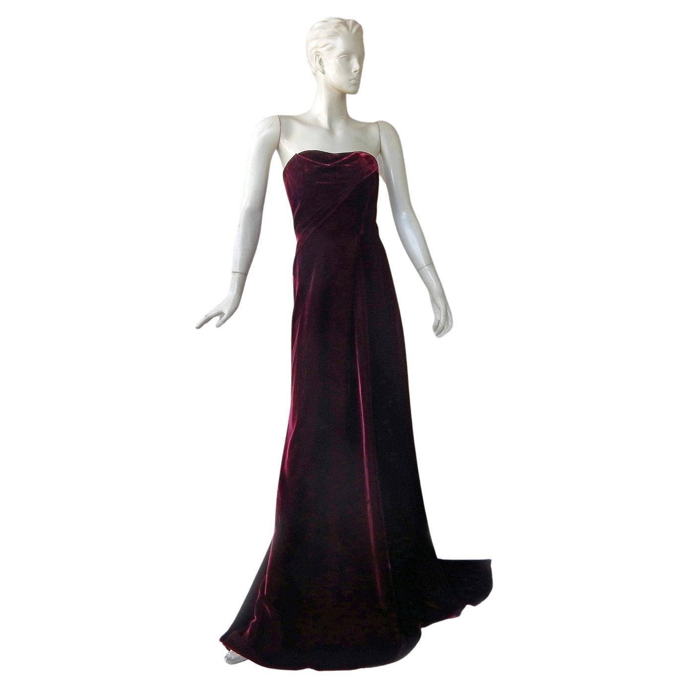Rubin Singer Demi Couture Wine Velvet Strapless Gown Dress For Sale