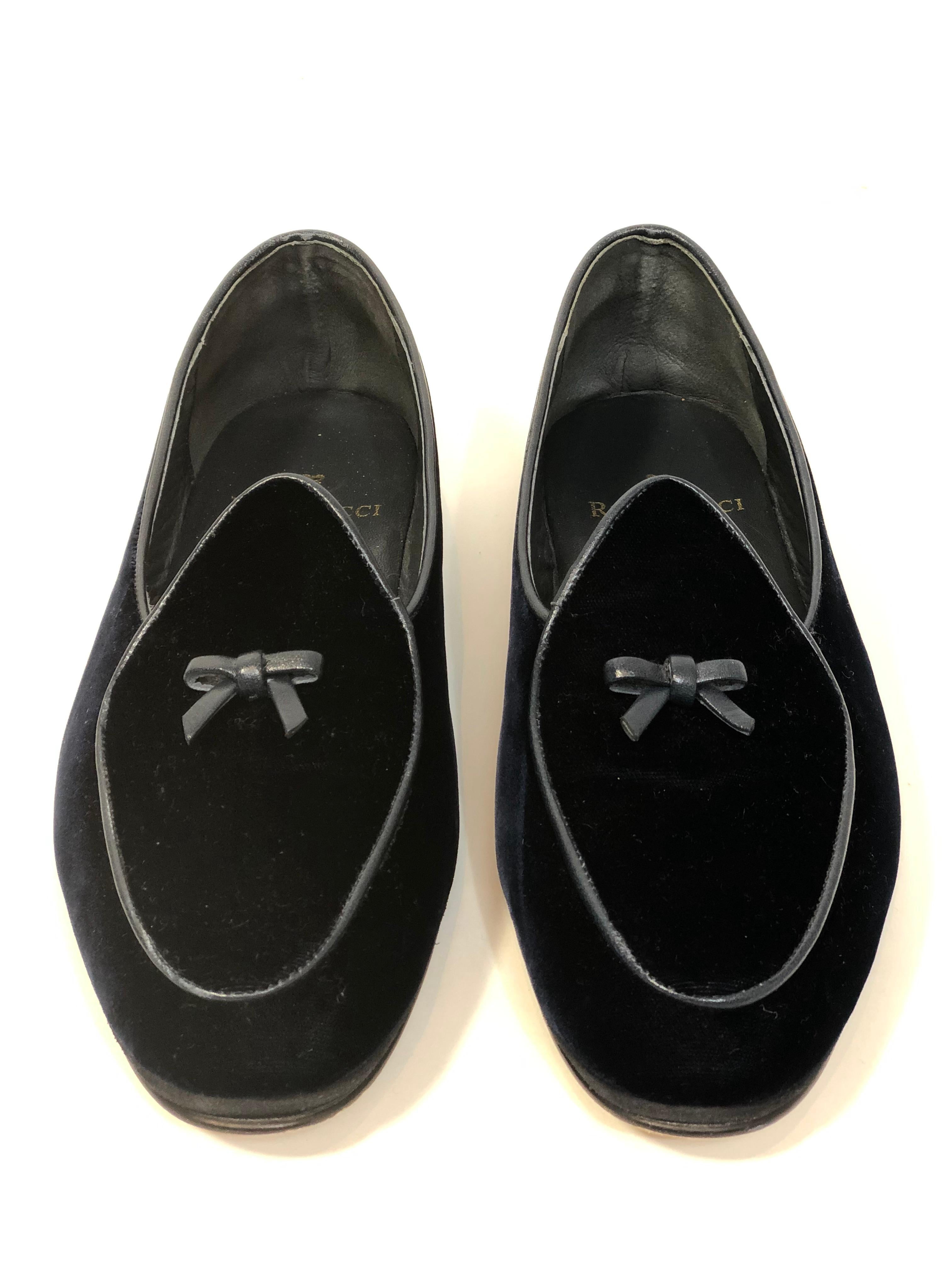 Round Toe Rubinacci Black Velvet Belgian Style Loafers with Small Leather Bow Detail 
Size 42.5