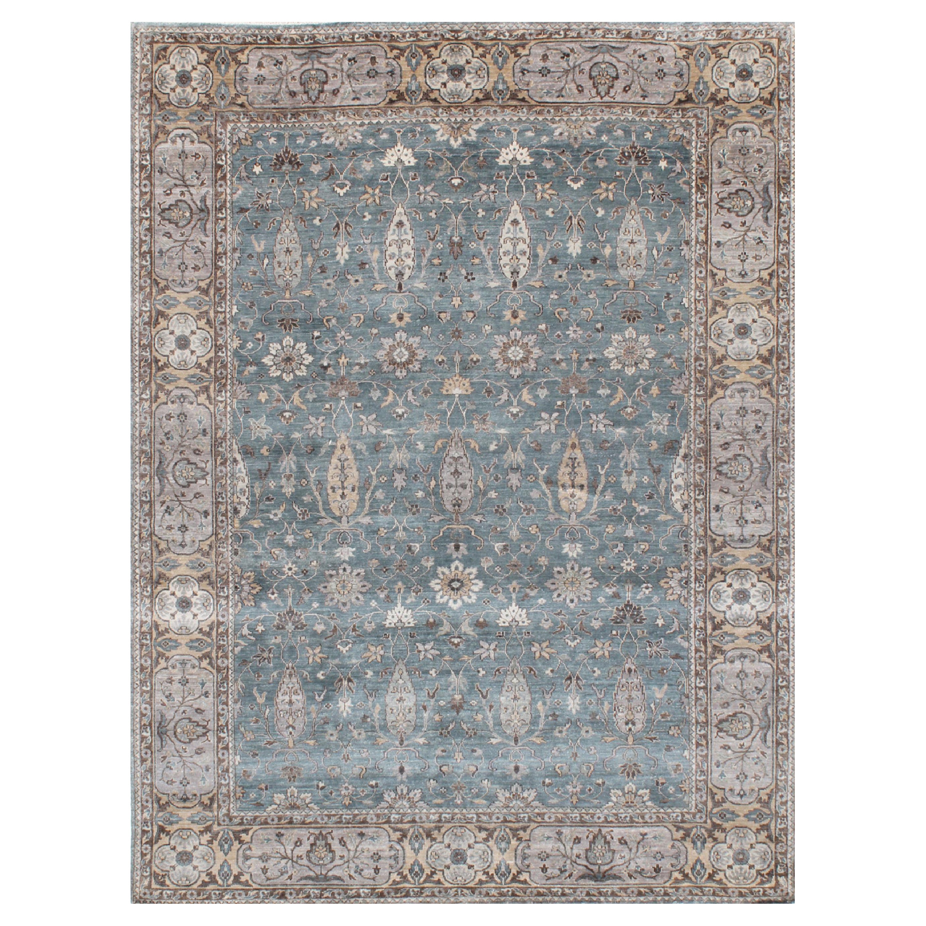 RUBINE Handgeknüpfter traditioneller Seidenteppich in Taupe und Blau und Braunbraun von Hand