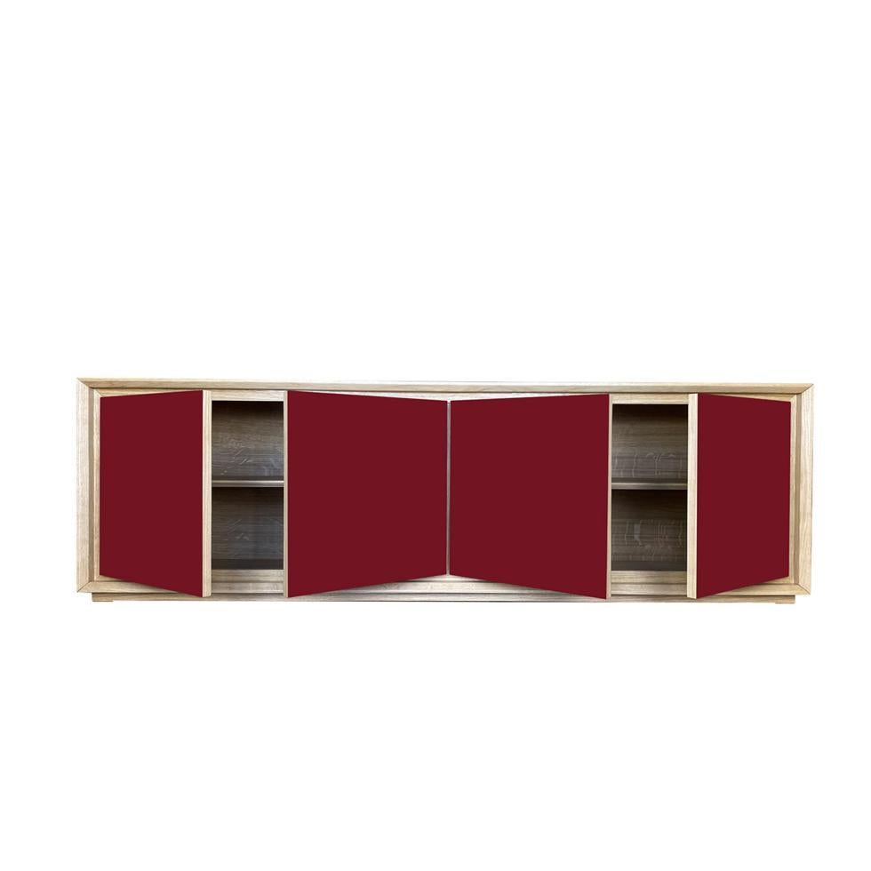Seductive yet restrained in its coexistence between the streamlined, natural-finished durmast frame and four doors' ruby lacquer, this wall sideboard is a contemporary-style piece ensuring a truly stylish storage of dinnerware collections. Its color