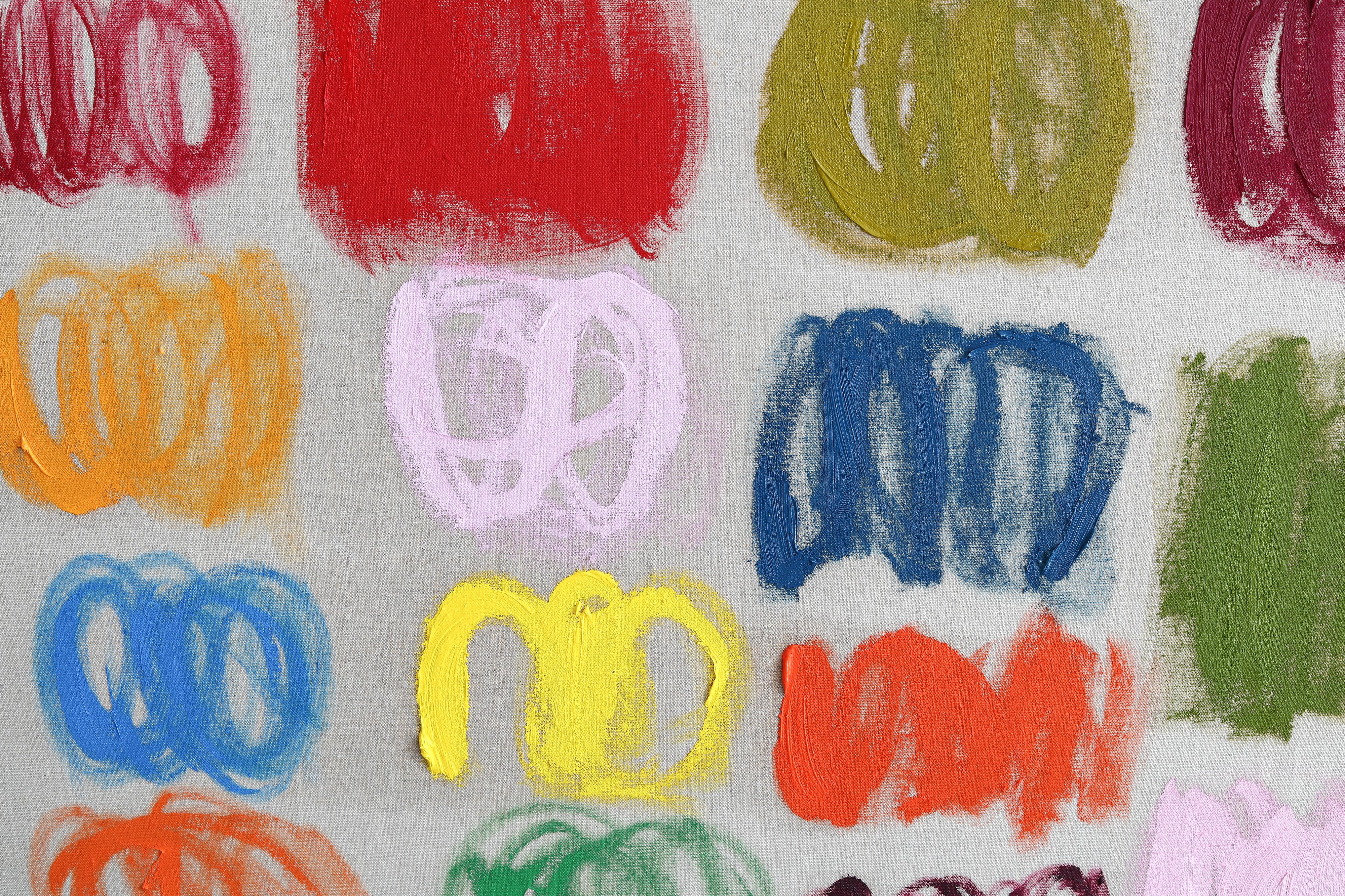 Questo dipinto astratto a olio è opera dell'artista contemporaneo e insegnante d'arte olandese Rubins J. Spaans. Un dipinto a olio unico su tela di lino belga della migliore qualità. Il dipinto è uno studio sul colore che riporta lo spettatore alle