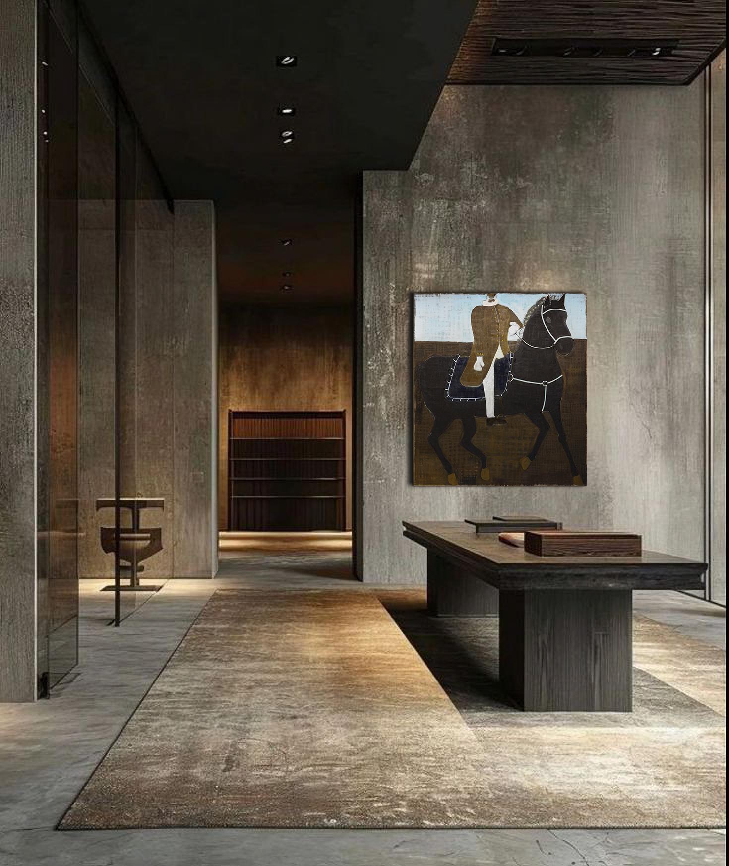 Ritratto equestre contemporaneo. Pittura ad olio di cavallo di grandi dimensioni 200 x 180 cm - Figurative Painting Nero di Rubins J. Spaans
