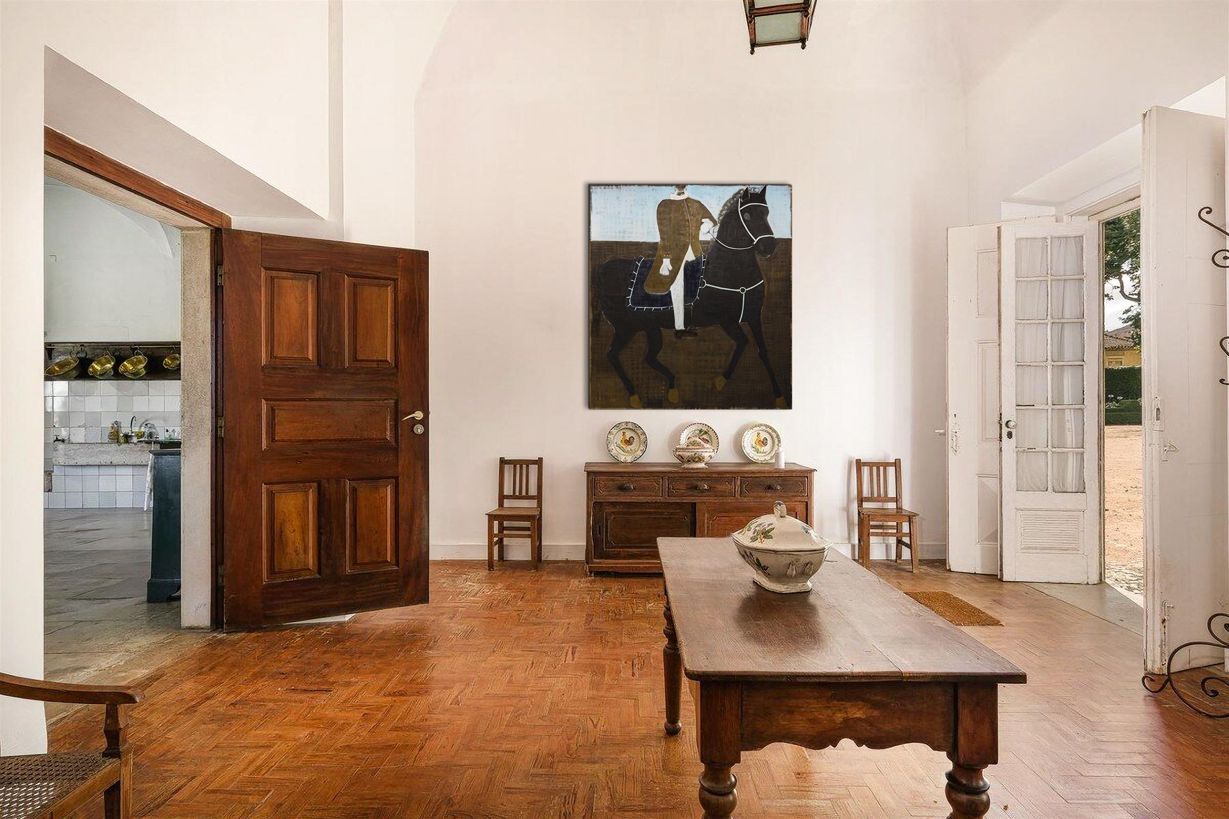 Questo grande dipinto ad olio figurativo è una reinterpretazione di un quadro di Agostino Masucci, Retrato ecuestre del Príncipe Camillo Rospigliosi Borromeo, 1737. Un dipinto a olio unico su tela di lino belga della migliore qualità.

Titolo, anno,