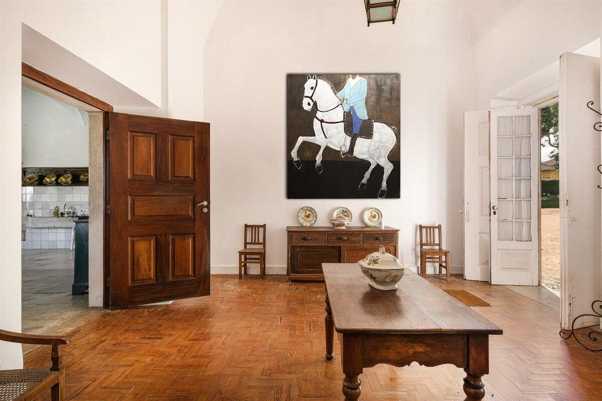 Pittura a olio di cavallo contemporanea di grandi dimensioni. Pittura a olio equestre 200 x 180 cm - Painting di Rubins J. Spaans