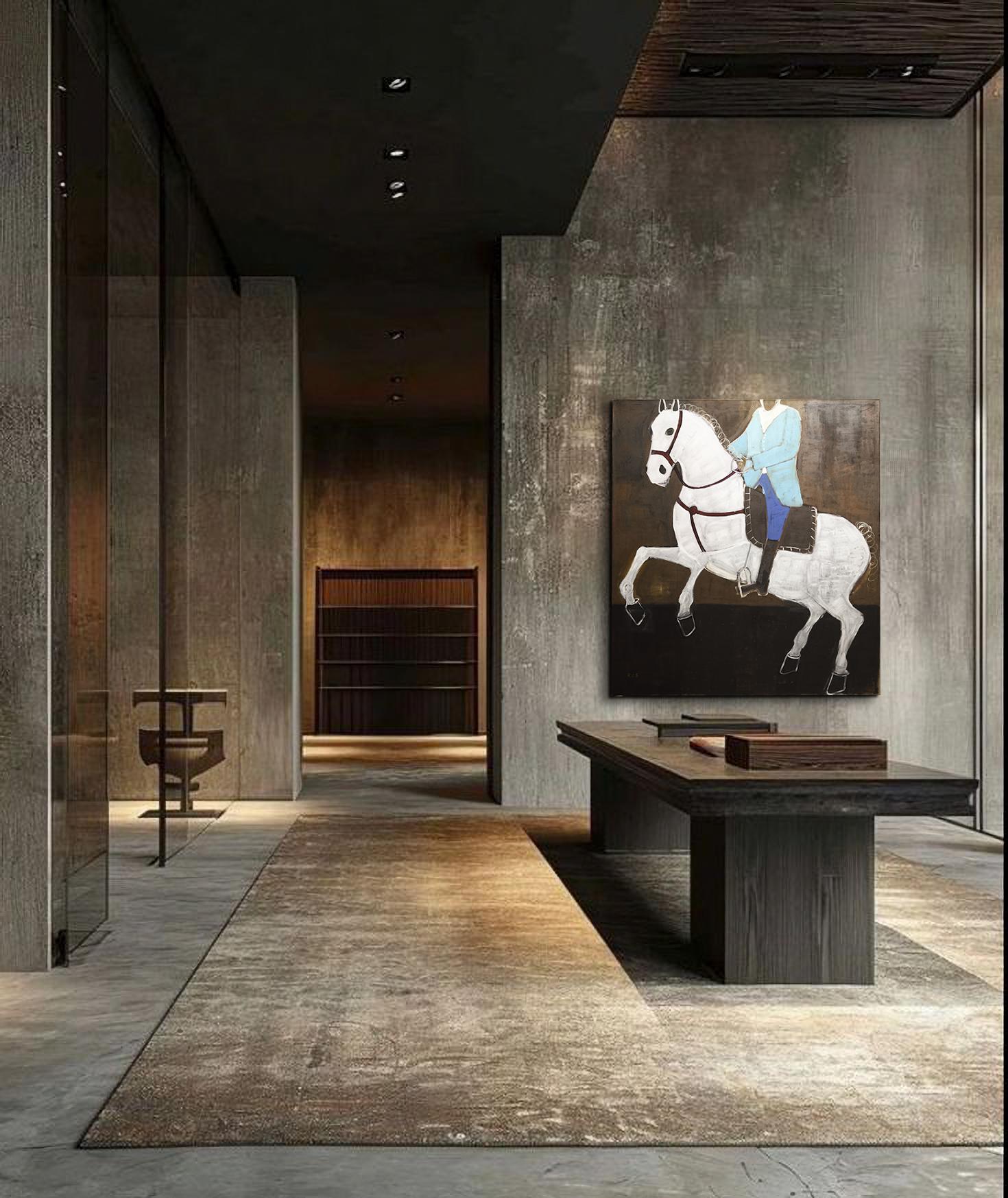 Pittura a olio di cavallo contemporanea di grandi dimensioni. Pittura a olio equestre 200 x 180 cm - Painting Contemporaneo di Rubins J. Spaans