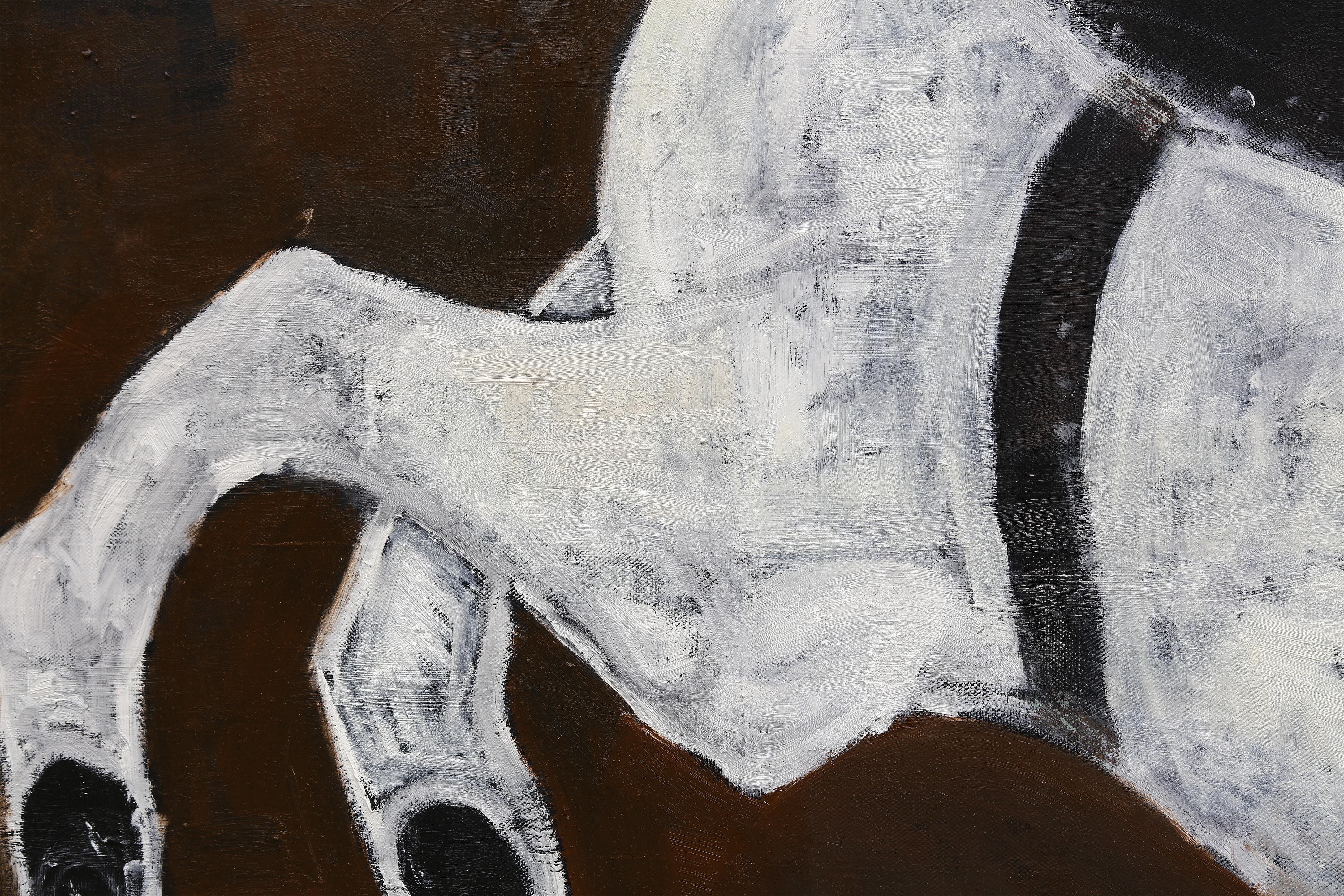 Este gran óleo figurativo es una reinterpretación de un cuadro de Diego Velázquez, Un caballo blanco, 1635 . Una pintura al óleo única sobre lienzo de lino belga de la mejor calidad.

Título, año, medio y tamaño:
Un caballo blanco, 2022, óleo sobre