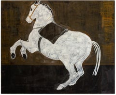 Pintura contemporánea de caballos grandes. Pintura al óleo figurativa sobre lino belga