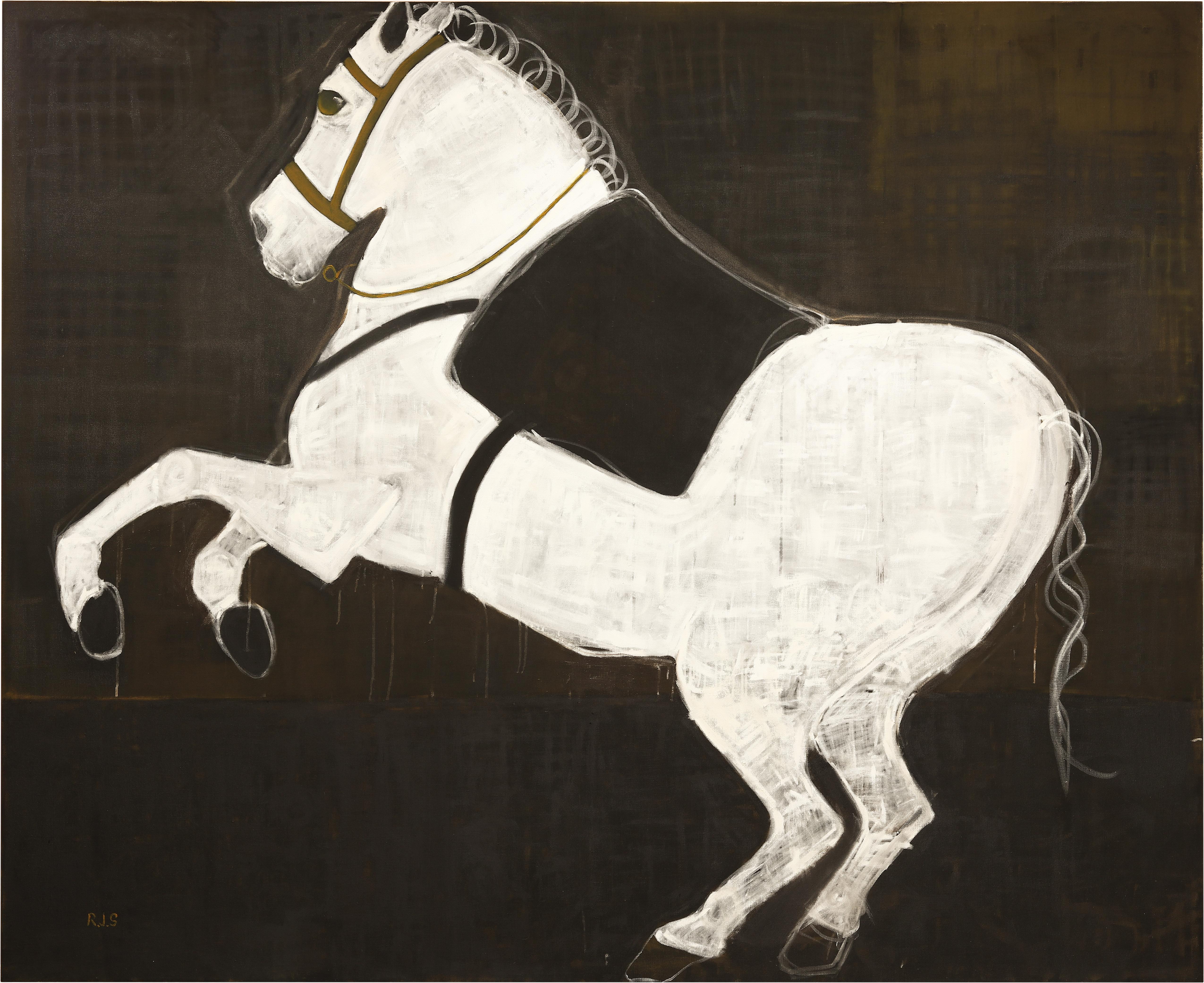 Quadro di cavallo contemporaneo di grandi dimensioni. Pittura ad olio figurativa su tela belga