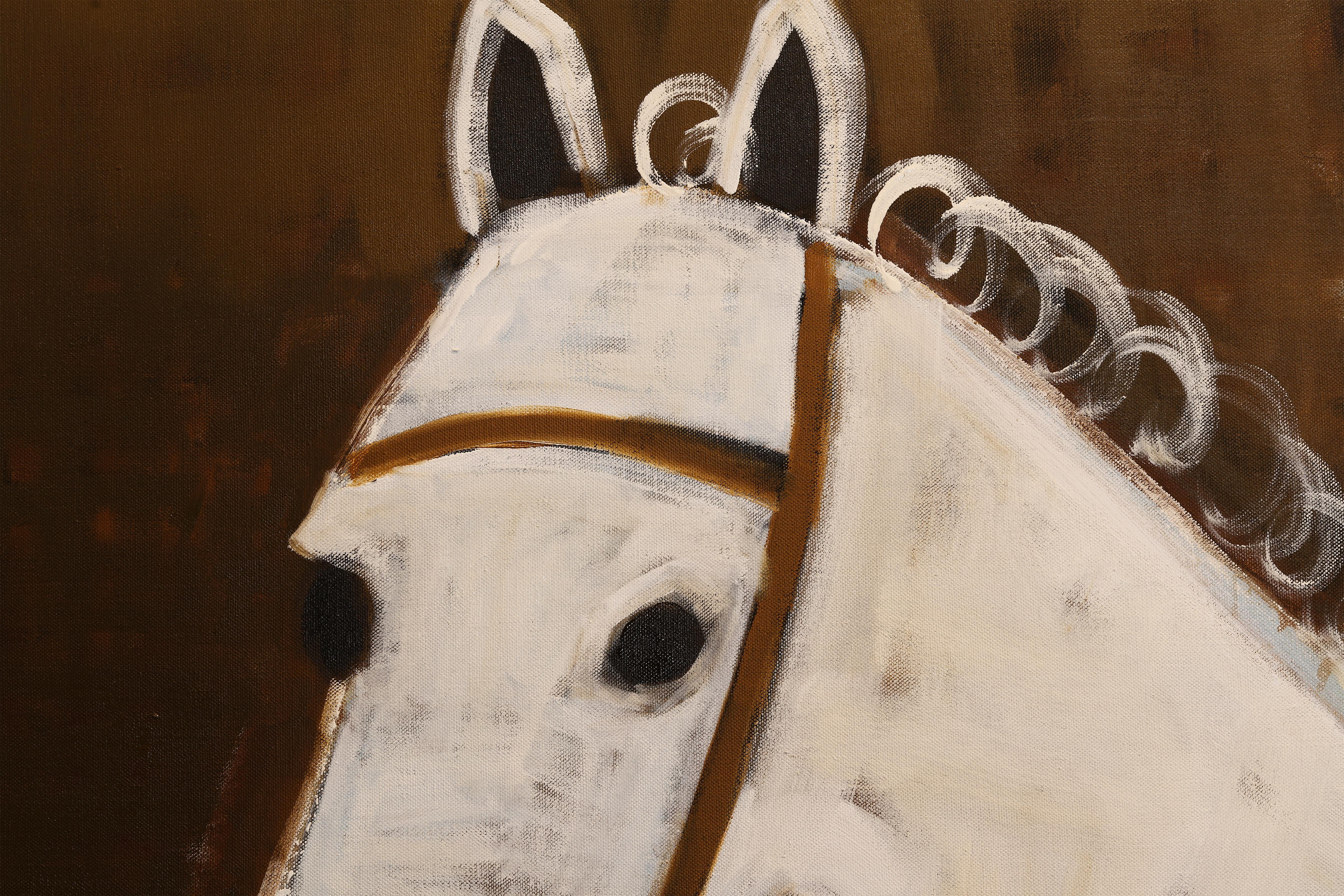 Cette grande peinture à l'huile figurative est une réinterprétation d'un tableau d'Otto Bache - Le roi Christian X à cheval, 1894. Une peinture à l'huile unique sur une toile de lin belge non apprêtée de la plus haute qualité.

**Expédition