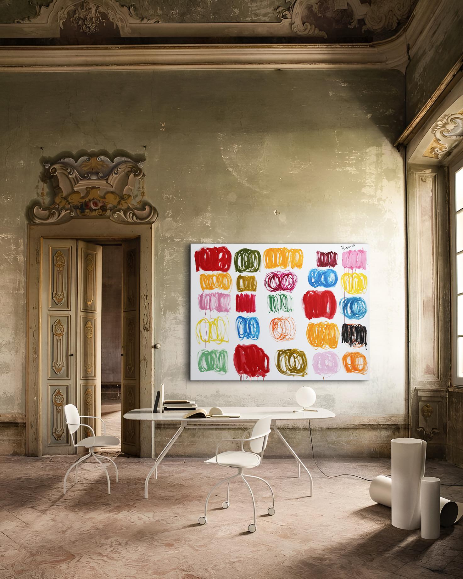 Pittura a olio astratta contemporanea di grandi dimensioni. Opera d'arte colorata. 160 x 210 cm - Painting di Rubins J. Spaans