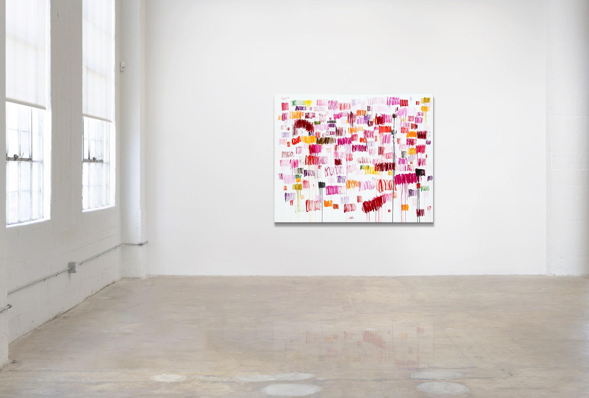 Grande dipinto a olio astratto contemporaneo su tela di lino. 170 x 210 cm - Abstract Painting Beige di Rubins J. Spaans