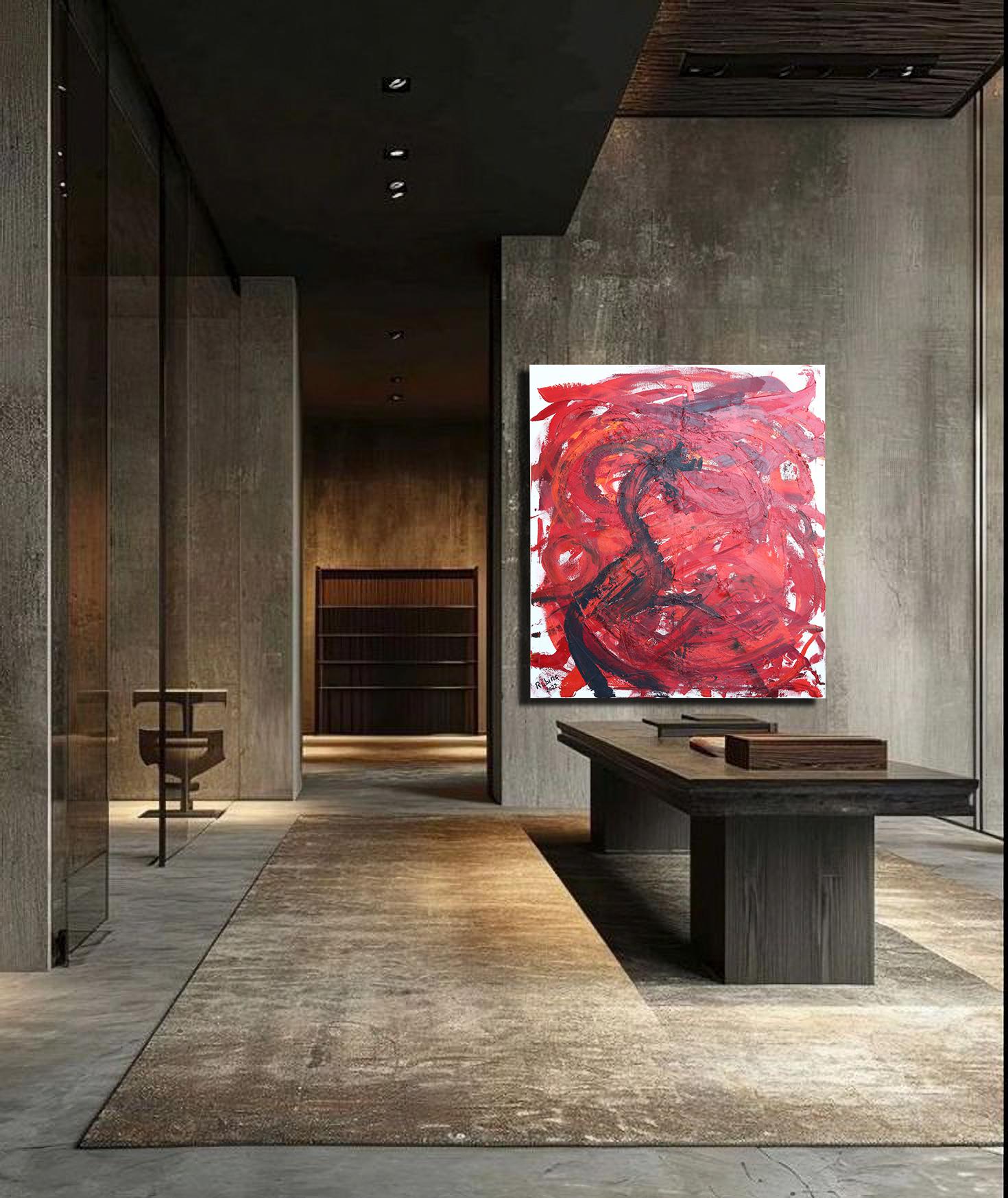 Grande dipinto astratto contemporaneo con toni di colore rosso. 220 x 195 cm - Painting di Rubins J. Spaans