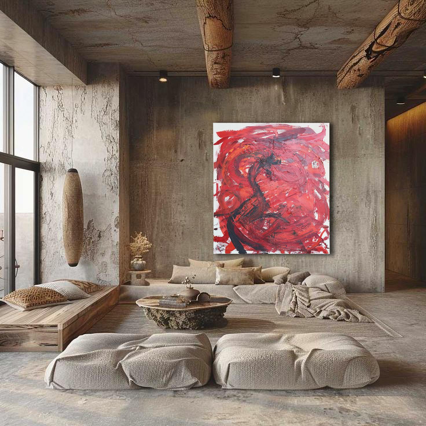 Grande dipinto astratto contemporaneo con toni di colore rosso. 220 x 195 cm - Painting Astratto di Rubins J. Spaans