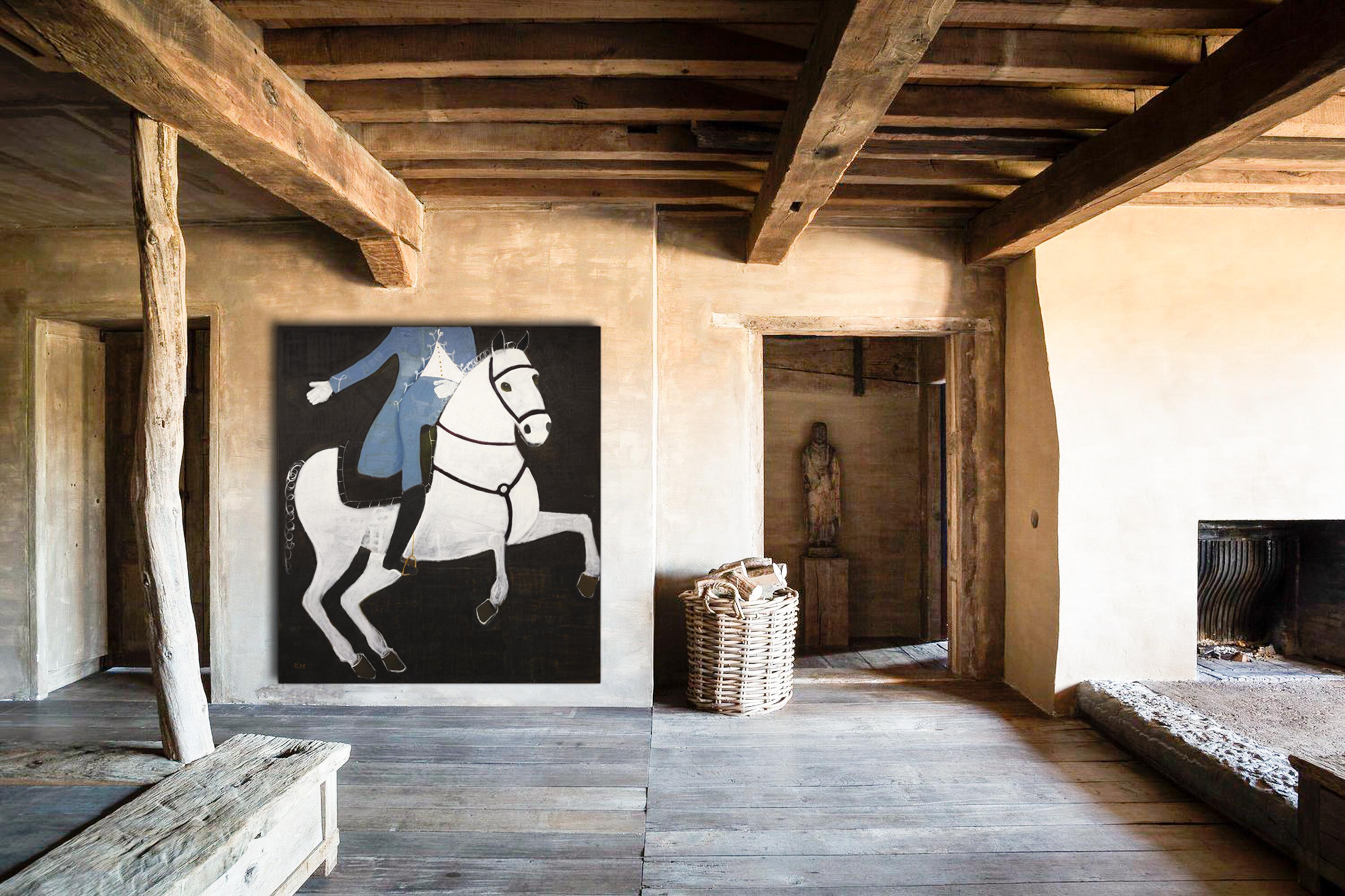 Gran cuadro al óleo ecuestre contemporáneo. Caballo Pintura 200 x 180 cm - Figurative Painting Negro de Rubins J. Spaans