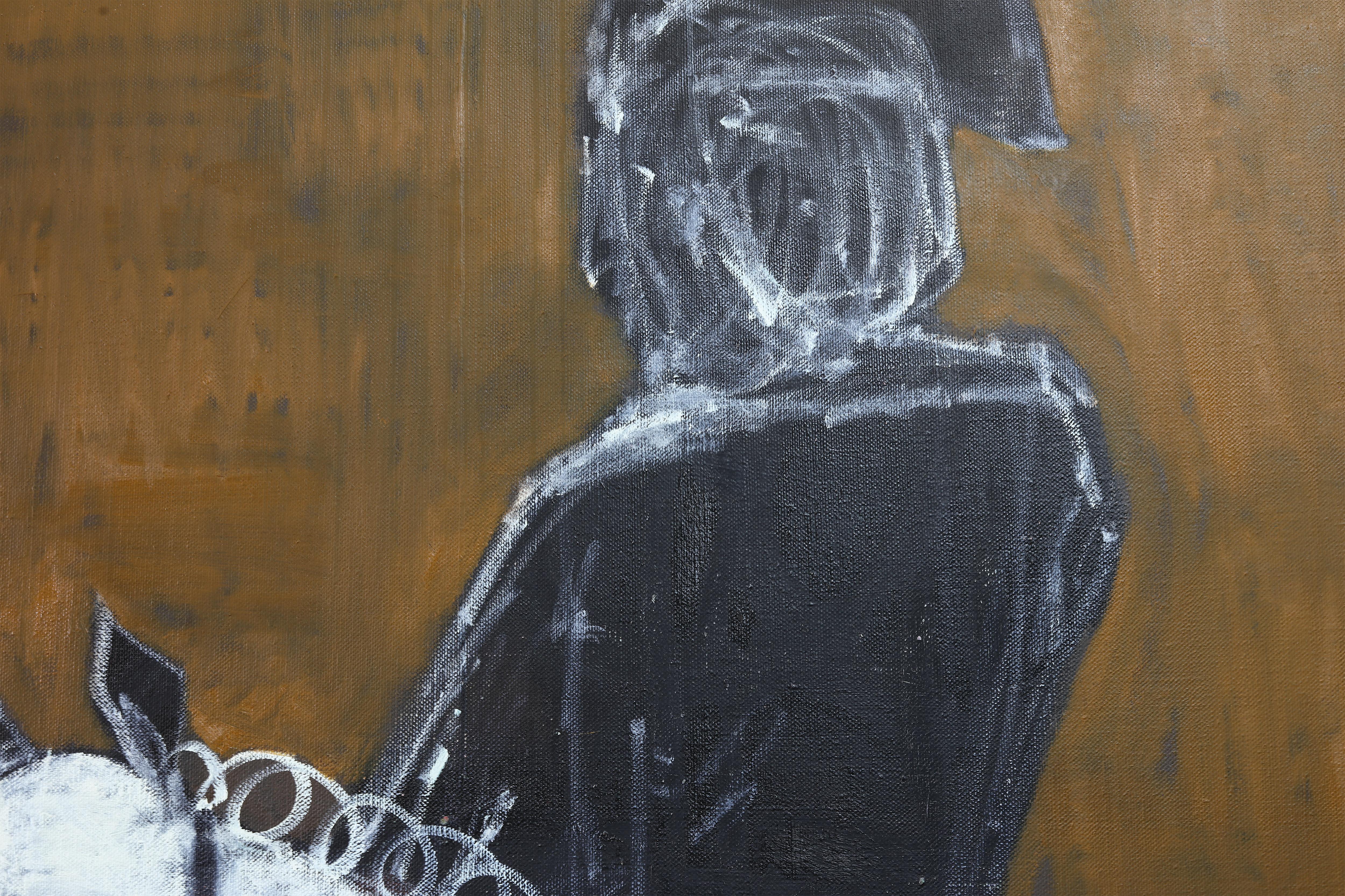 Pittura a olio equestre contemporanea di grandi dimensioni. Pittura di cavalli su tela grezza - Painting Contemporaneo di Rubins J. Spaans