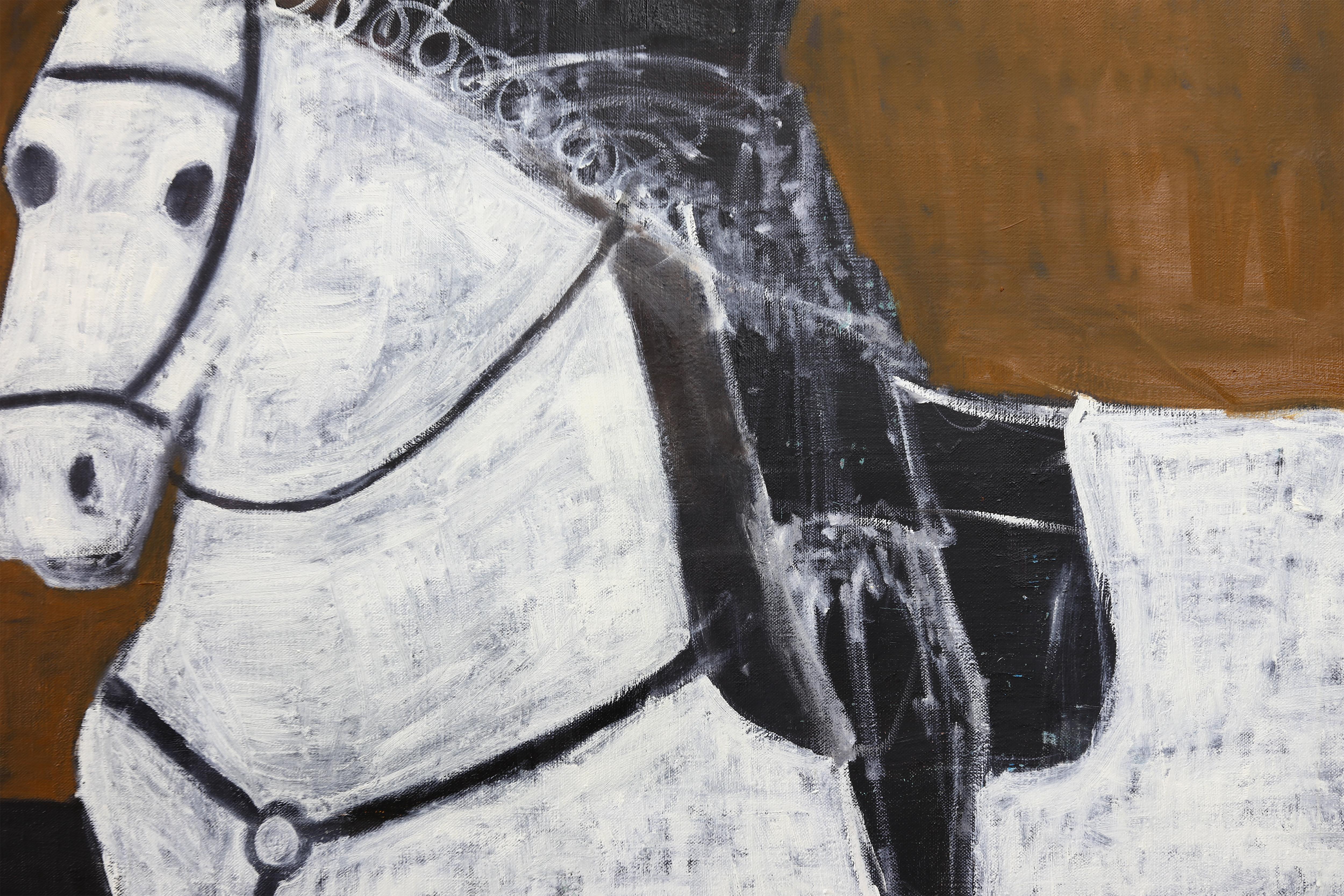 Pittura a olio equestre contemporanea di grandi dimensioni. Pittura di cavalli su tela grezza - Figurative Painting Nero di Rubins J. Spaans