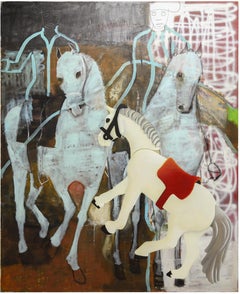 Pittura ad olio figurativa di grandi dimensioni. Pittura di cavalli su tela di lino 220 x 180 cm