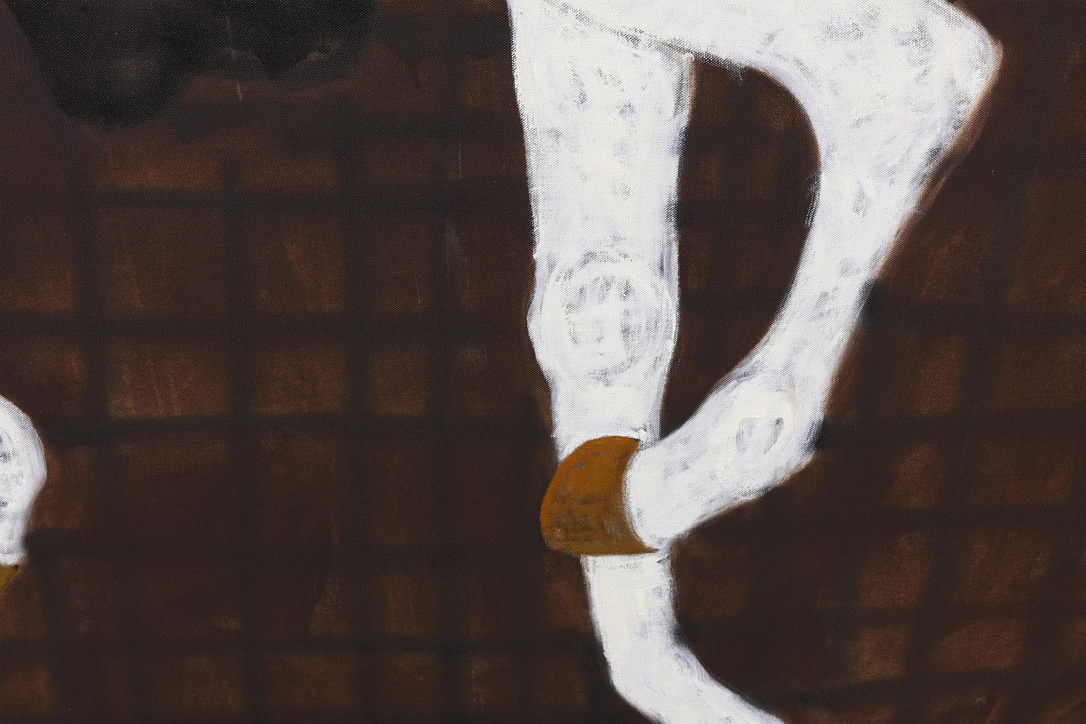 Questo grande dipinto a olio figurativo è una reinterpretazione di un quadro di John Wootton, Ritratto di uomo a cavallo, del 1720. Un dipinto a olio unico nel suo genere su tela di lino belga non spalmata della migliore qualità.

Titolo, anno,