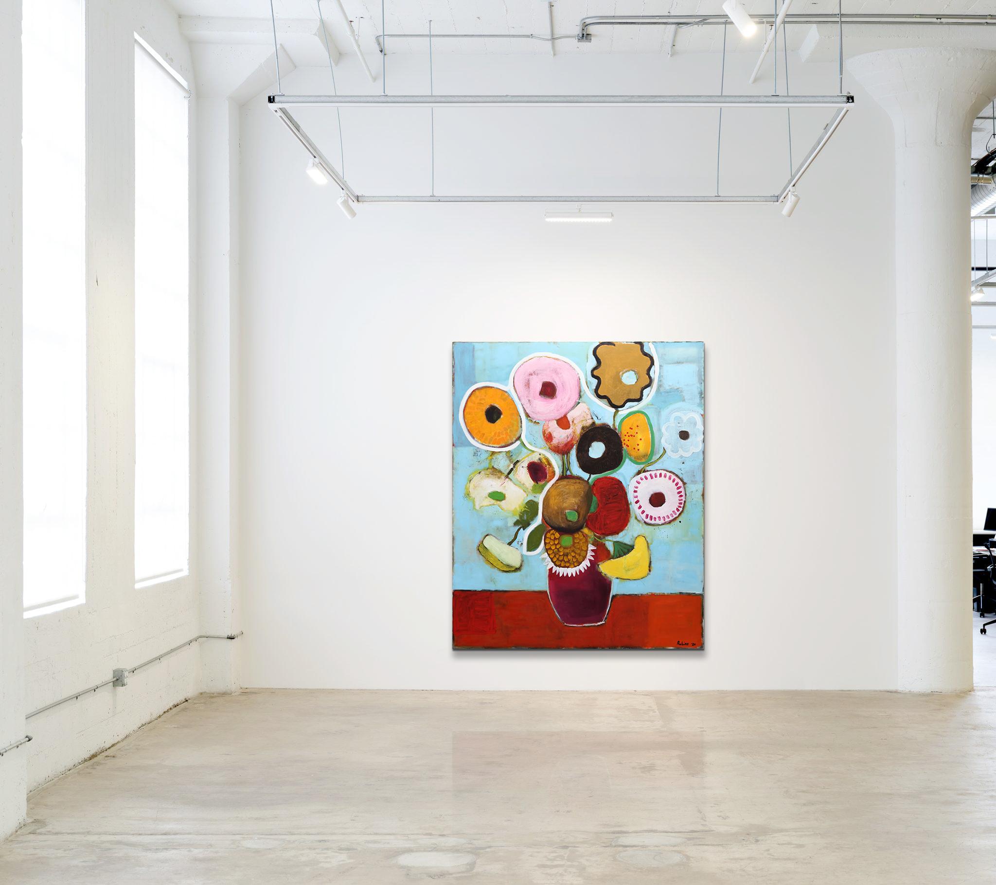 Large Contemporary Sunflowers Oil Painting (After Vincent van Gogh) 220 x 180 cm - Blue Still-Life Painting by Rubins J. Spaans
