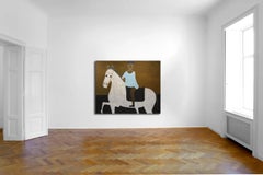 Grande dipinto a olio equestre su lino belga non verniciato 180 x 220 cm