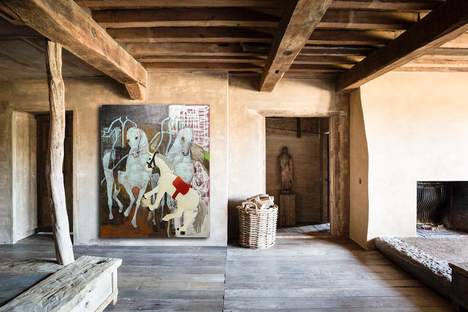 Pittura ad olio figurativa di grandi dimensioni. Pittura di cavalli su tela di lino 220 x 180 cm - Painting di Rubins J. Spaans