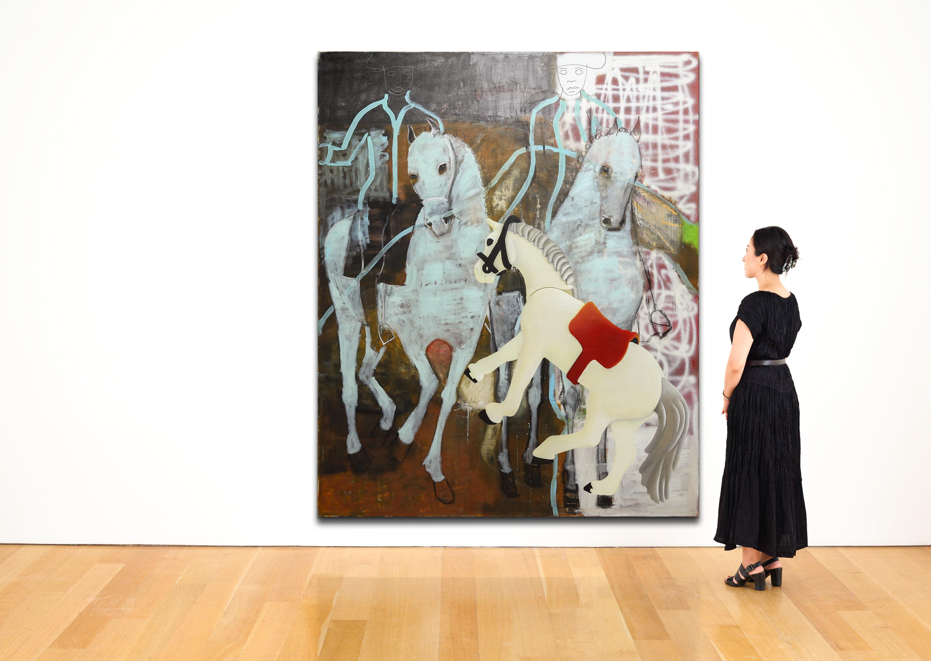 Pittura ad olio figurativa di grandi dimensioni. Pittura di cavalli su tela di lino 220 x 180 cm - Painting Contemporaneo di Rubins J. Spaans