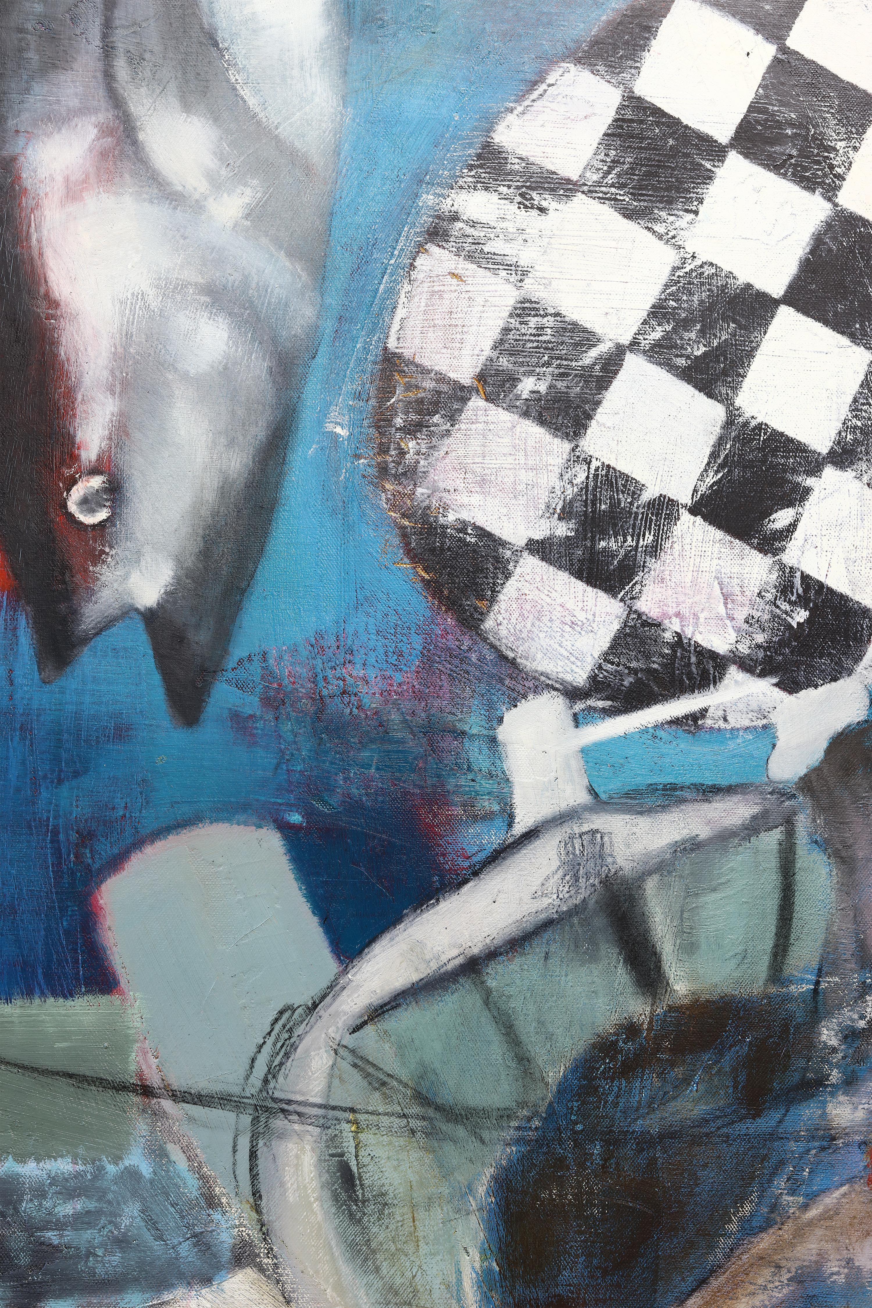 Pittura ad olio figurativa di grandi dimensioni. Grande dipinto con toni blu 220 x 180 cm - Painting Contemporaneo di Rubins J. Spaans