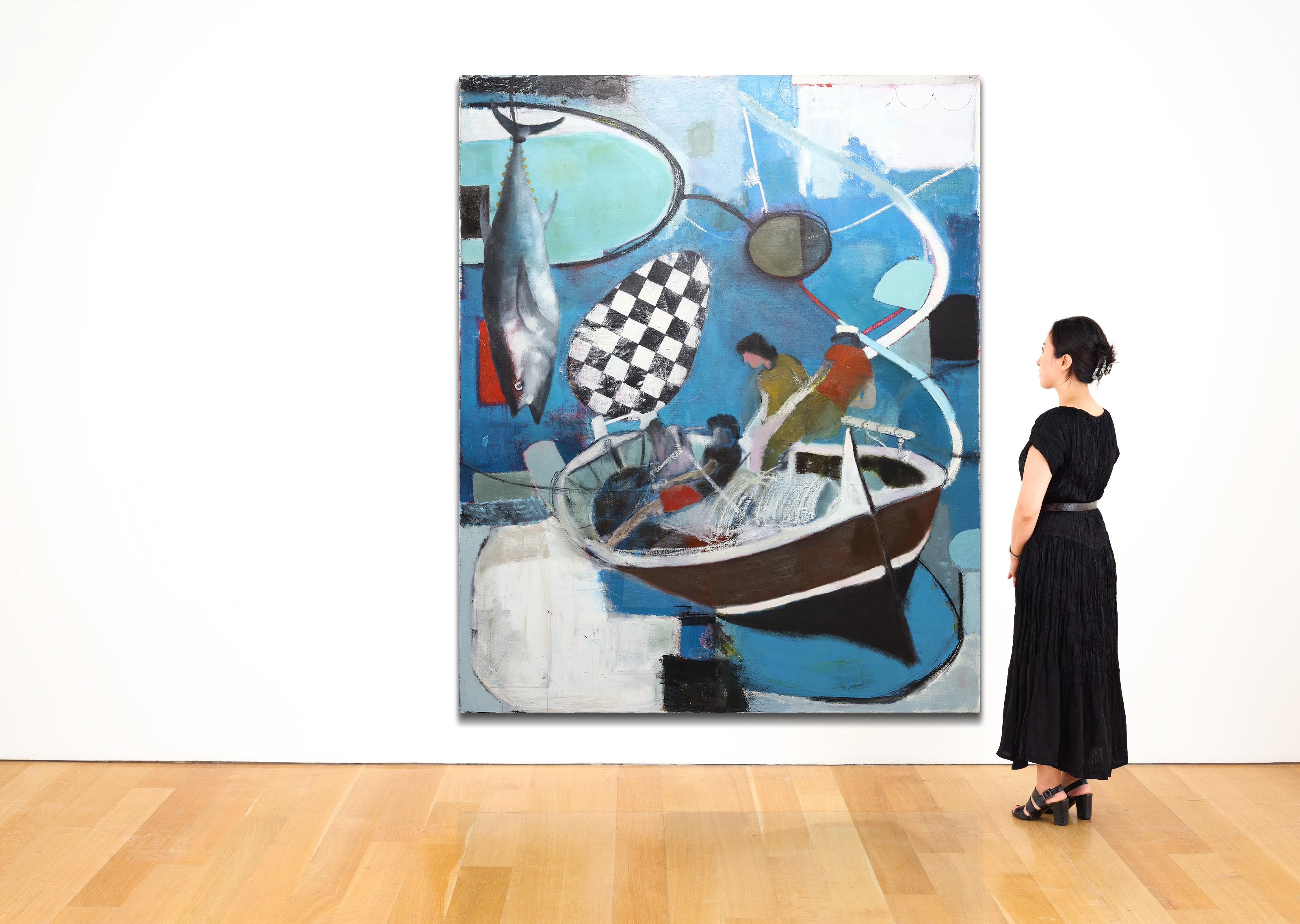 Pittura ad olio figurativa di grandi dimensioni. Grande dipinto con toni blu 220 x 180 cm - Painting di Rubins J. Spaans