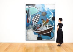 Large Figurative Oil Painting. Large Painting in Blue Tones 220 x 180 cm