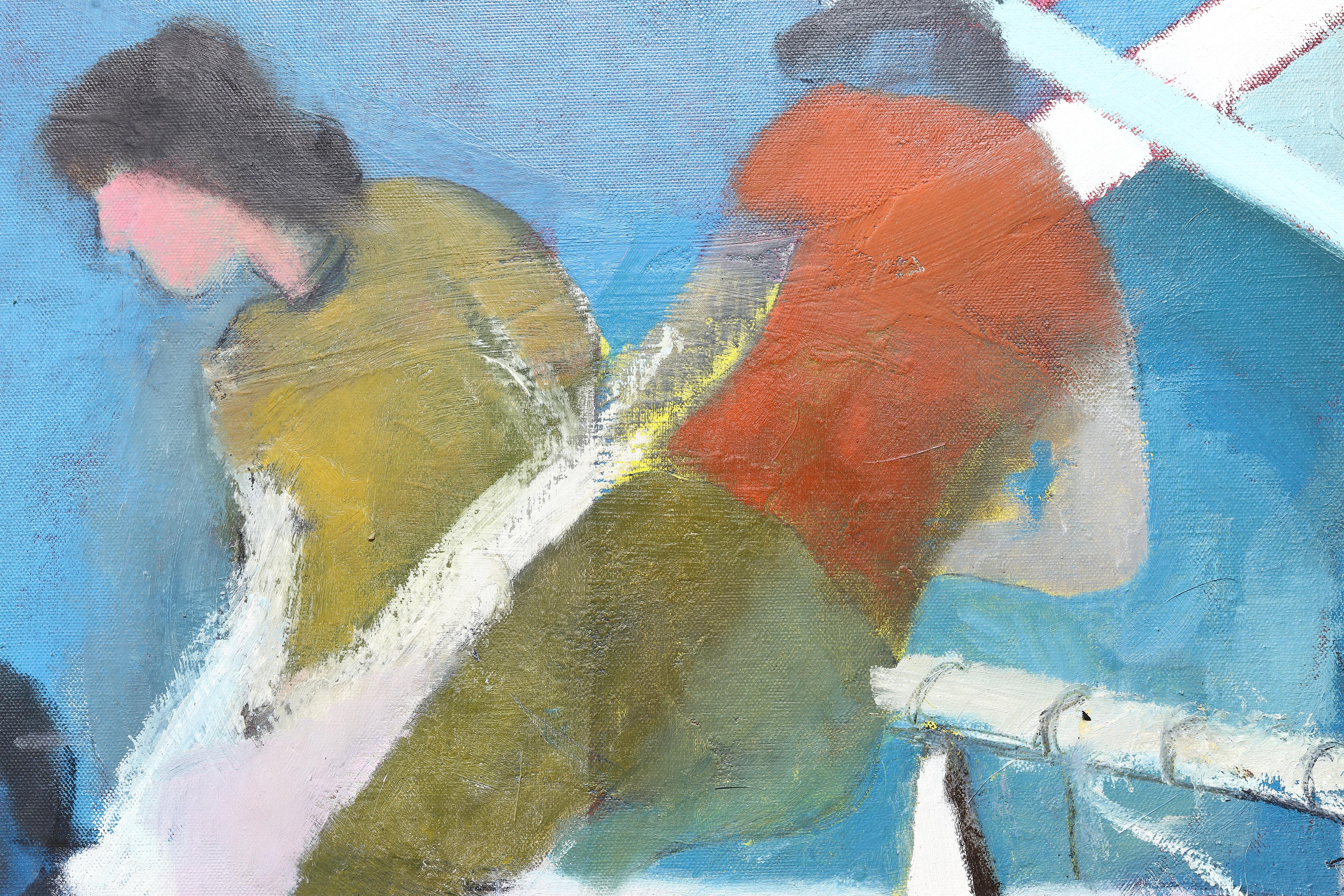 Pittura ad olio figurativa di grandi dimensioni. Grande dipinto con toni blu 220 x 180 cm 1
