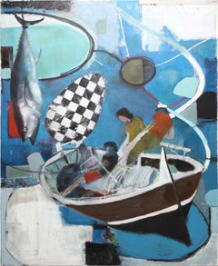 Pittura ad olio figurativa di grandi dimensioni. Grande dipinto con toni blu 220 x 180 cm