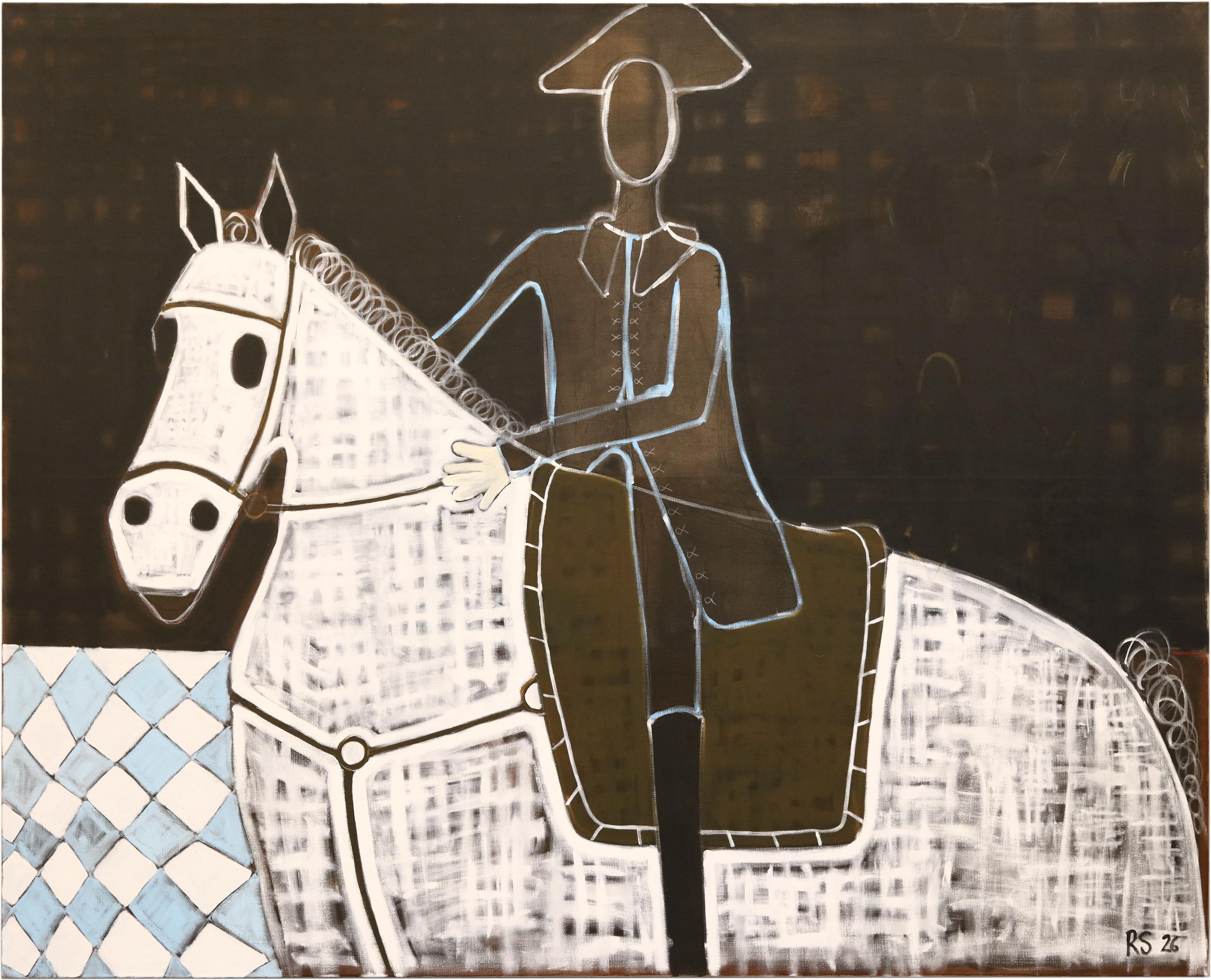 Peinture à l'huile représentant un homme à cheval. Grande peinture contemporaine représentant un cheval, 170 x 210 cm