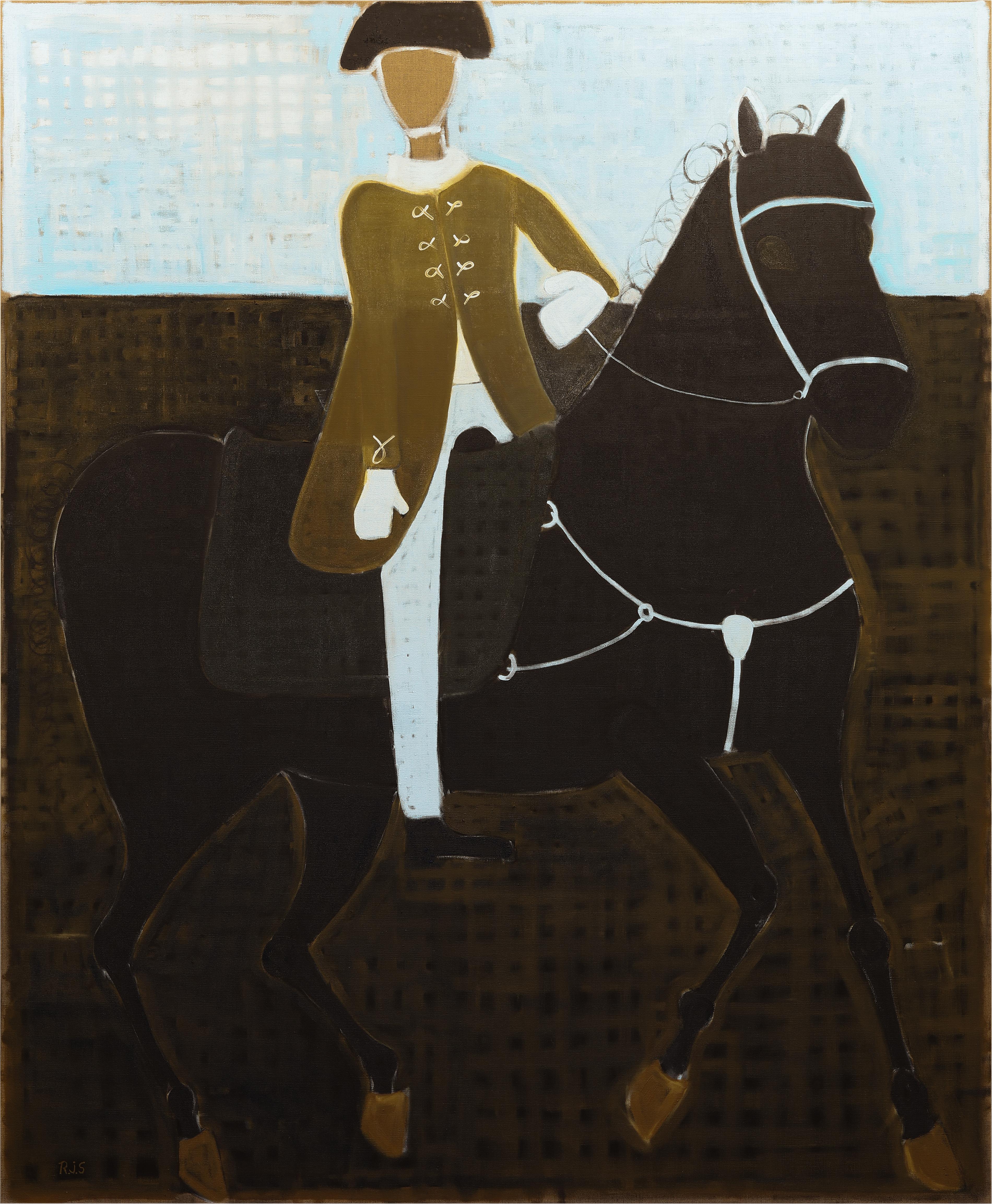 Mann auf dem Pferderücken Ölgemälde, Großes Reiterportrait 220 x 180 cm