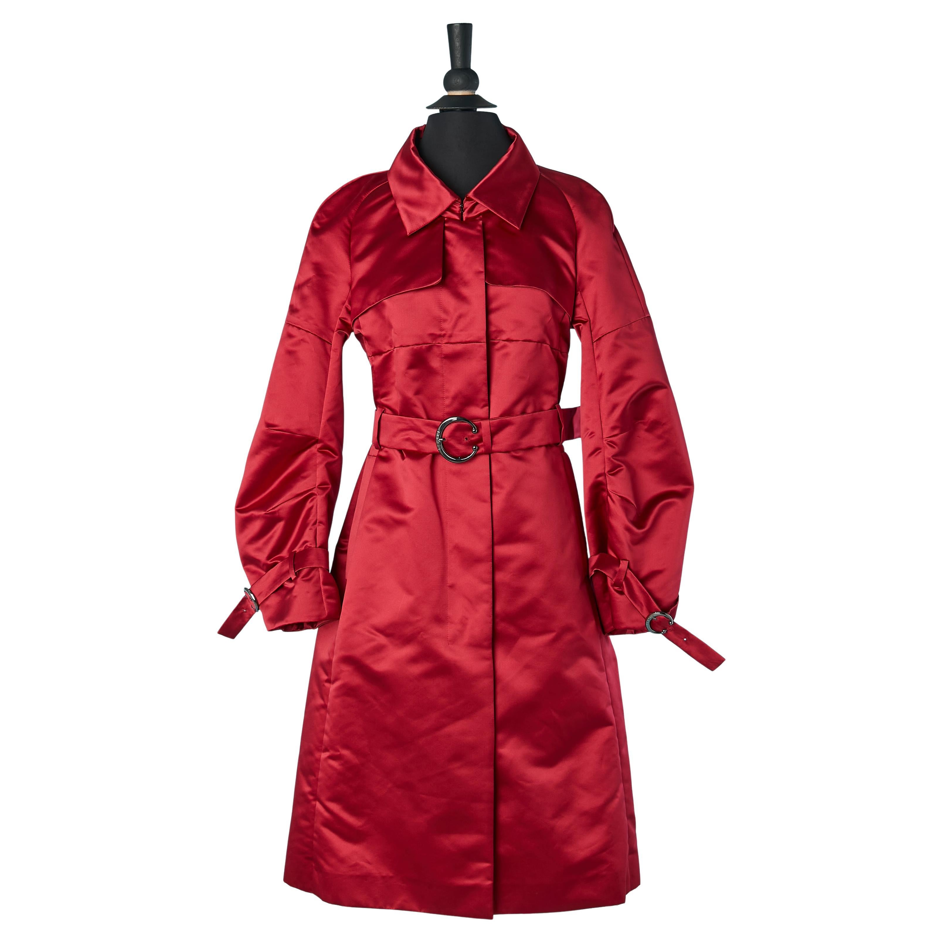 Rubis red satin trench-coat CELINE For Sale