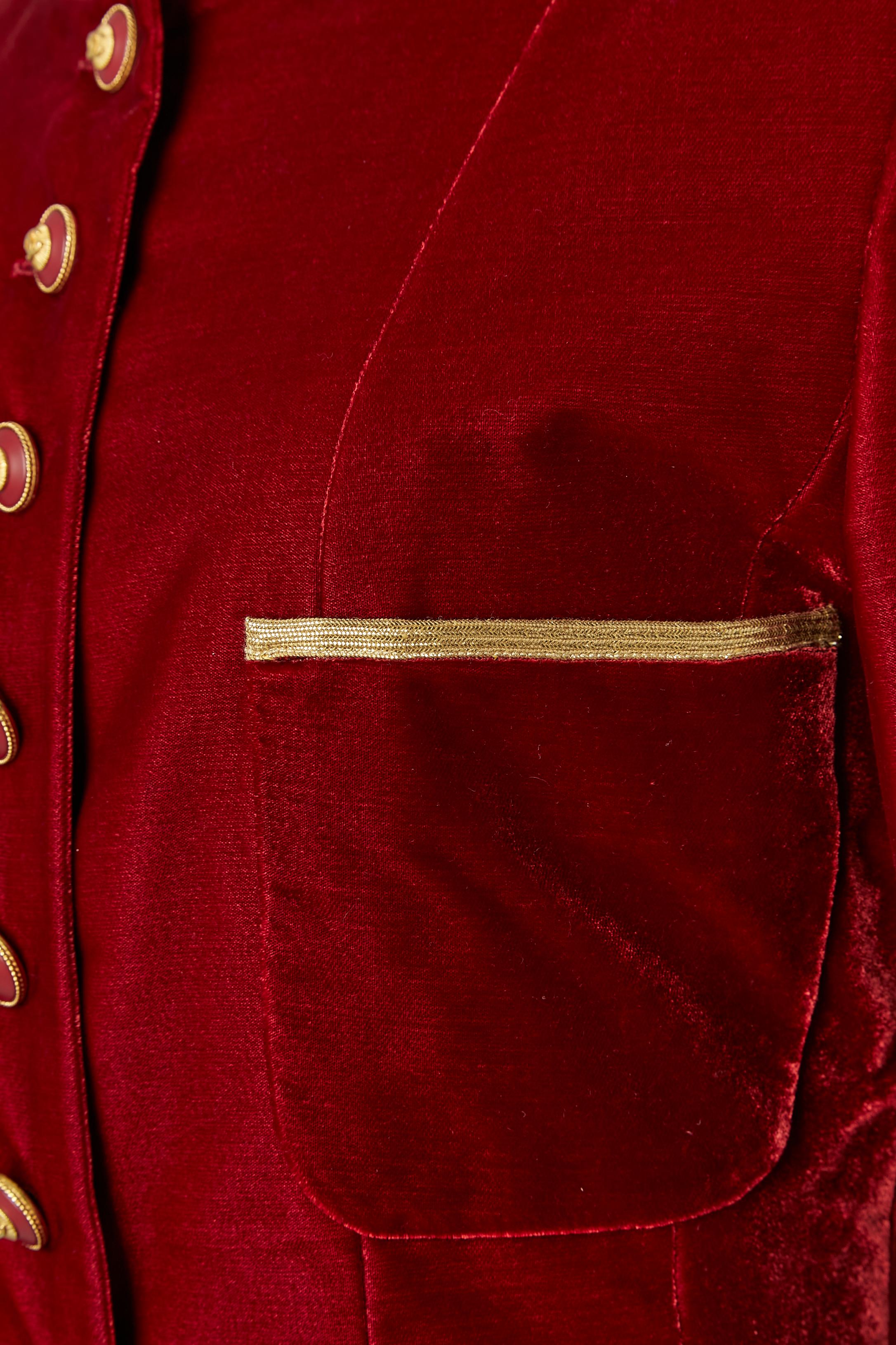Women's Red velvet long jacket with branded button and gold piping Chanel Boutique 1993