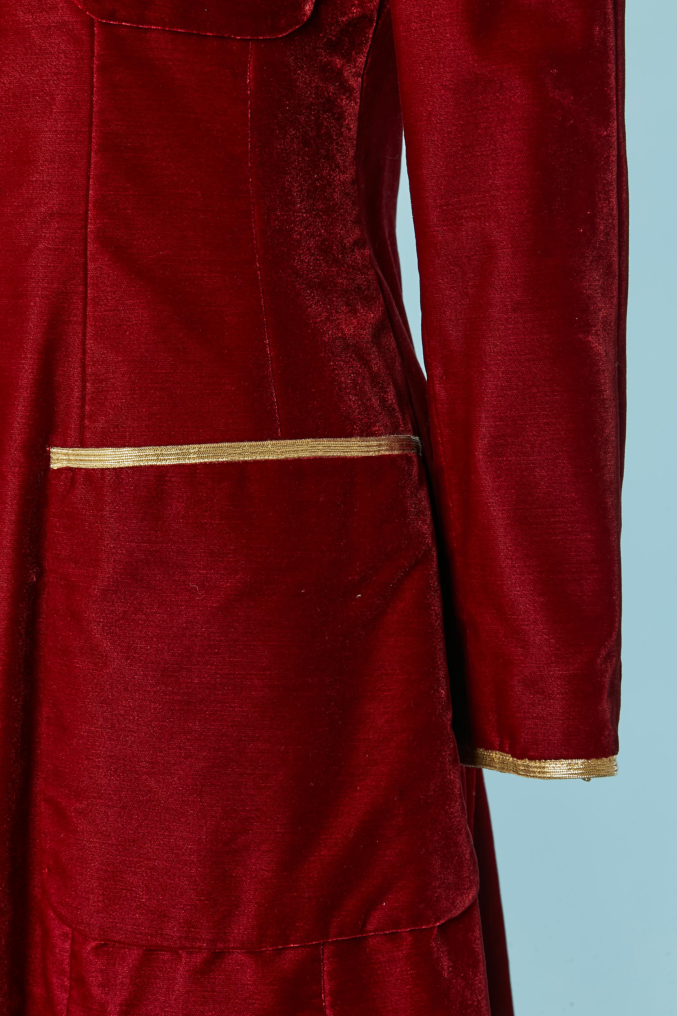 Red velvet long jacket with branded button and gold piping Chanel Boutique 1993 1