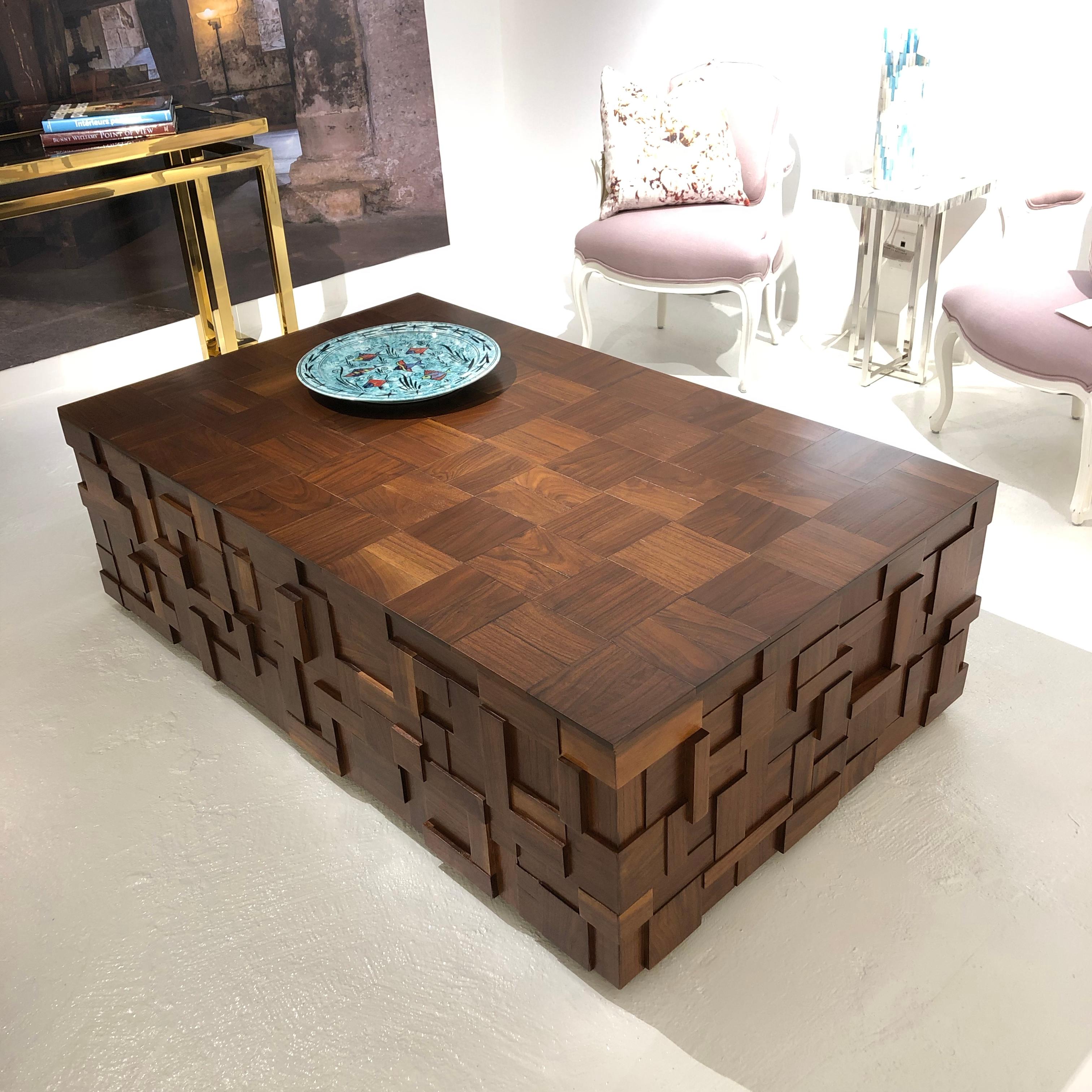 American Walnut Coffee Table with Parquet Top and Mosaic Sides For Sale
