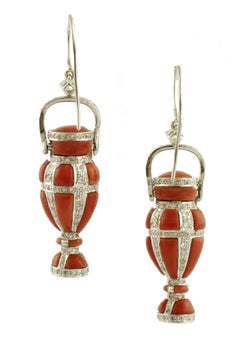 Red Coral, Diamonds, 14 Karat White Gold Amphoras-Shape Dangle Earrings