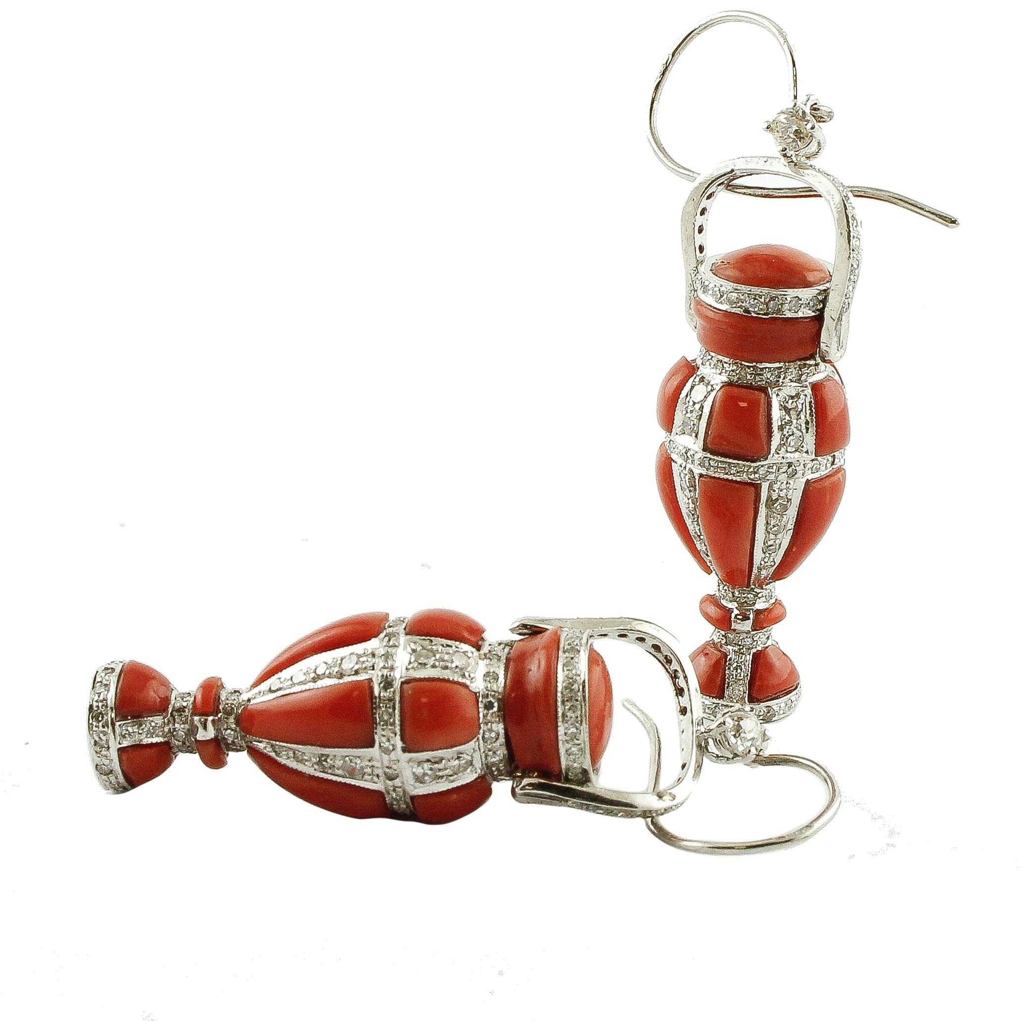 Retro Red Coral, Diamonds, 14 Karat White Gold Amphoras-Shape Dangle Earrings For Sale