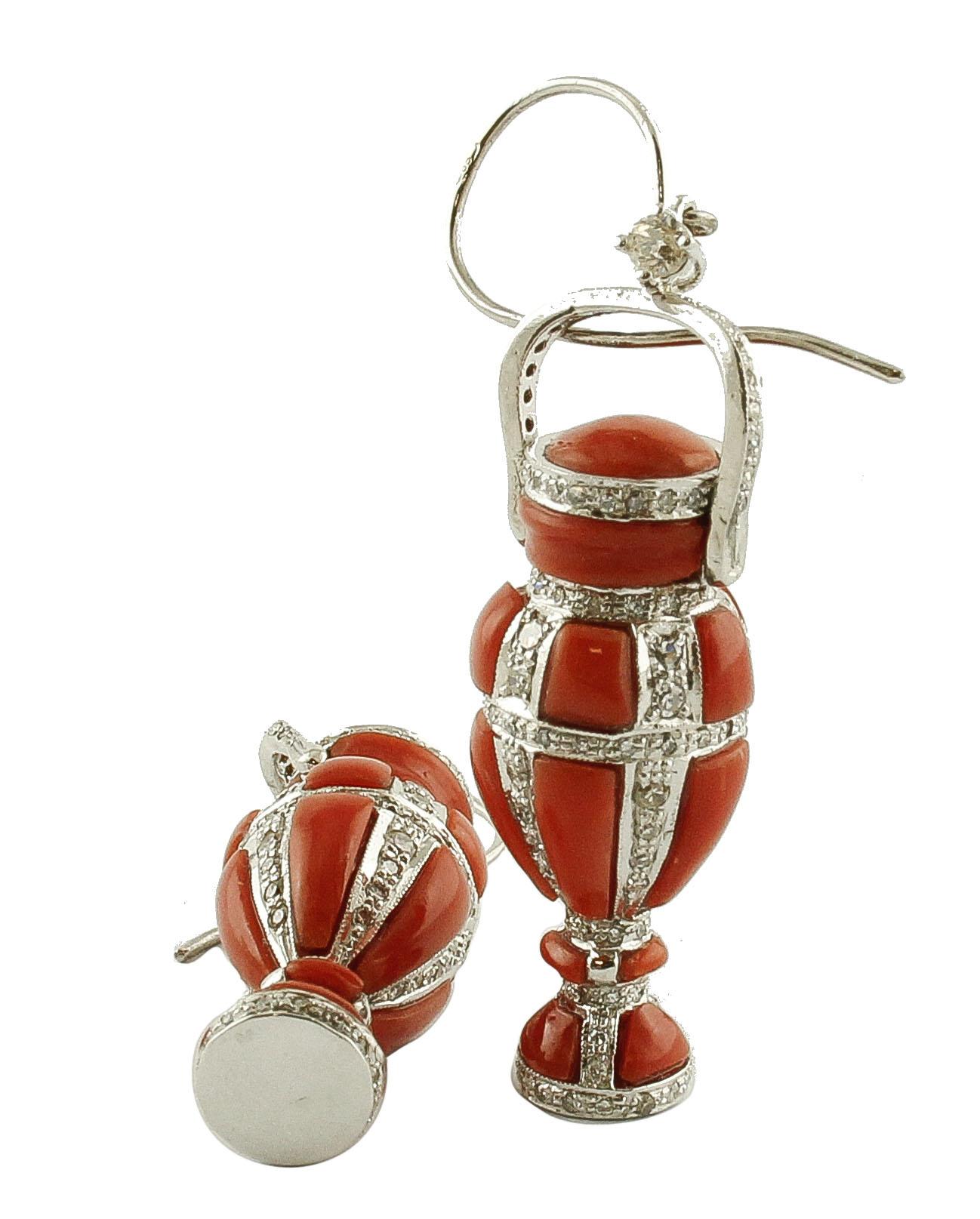 Brilliant Cut Red Coral, Diamonds, 14 Karat White Gold Amphoras-Shape Dangle Earrings For Sale