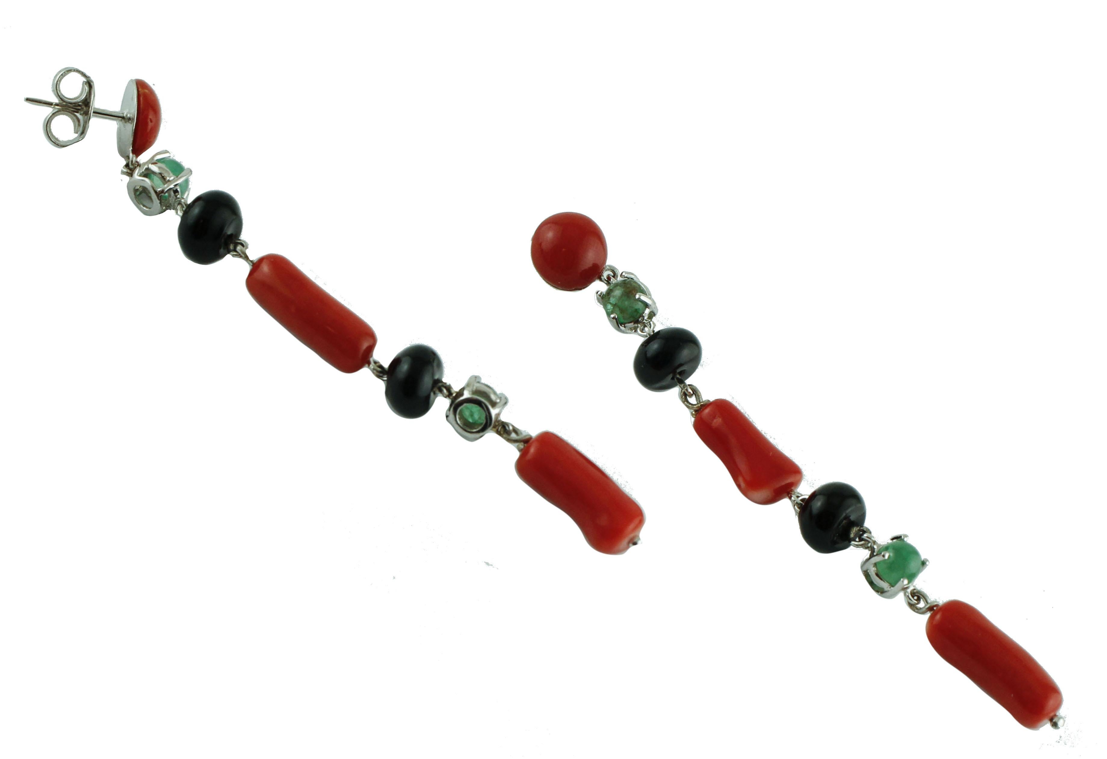 Retro Rubrum Coral, Emeralds, Onyx White Gold Dangle Earrings