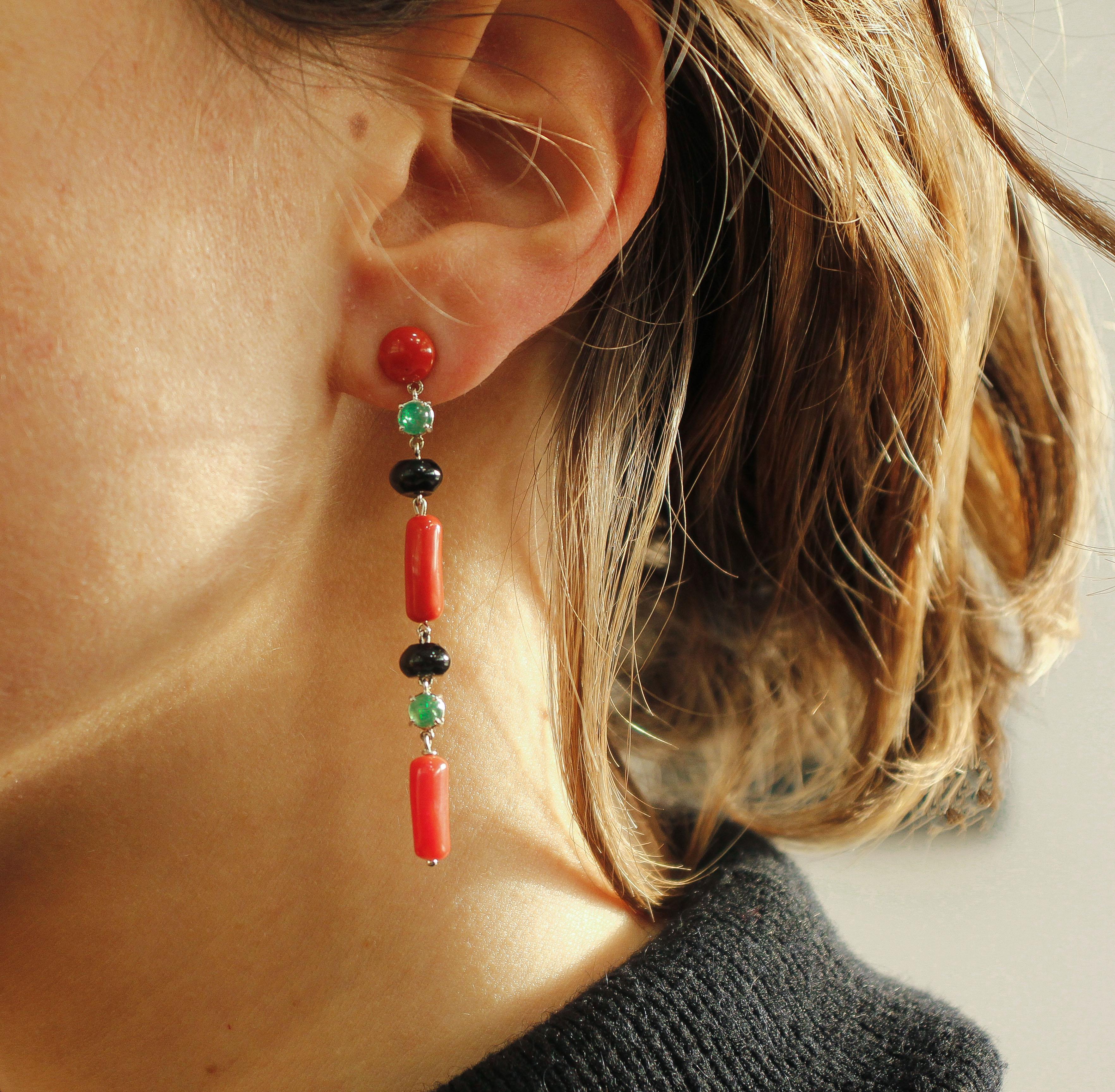 Rubrum Coral, Emeralds, Onyx White Gold Dangle Earrings 1