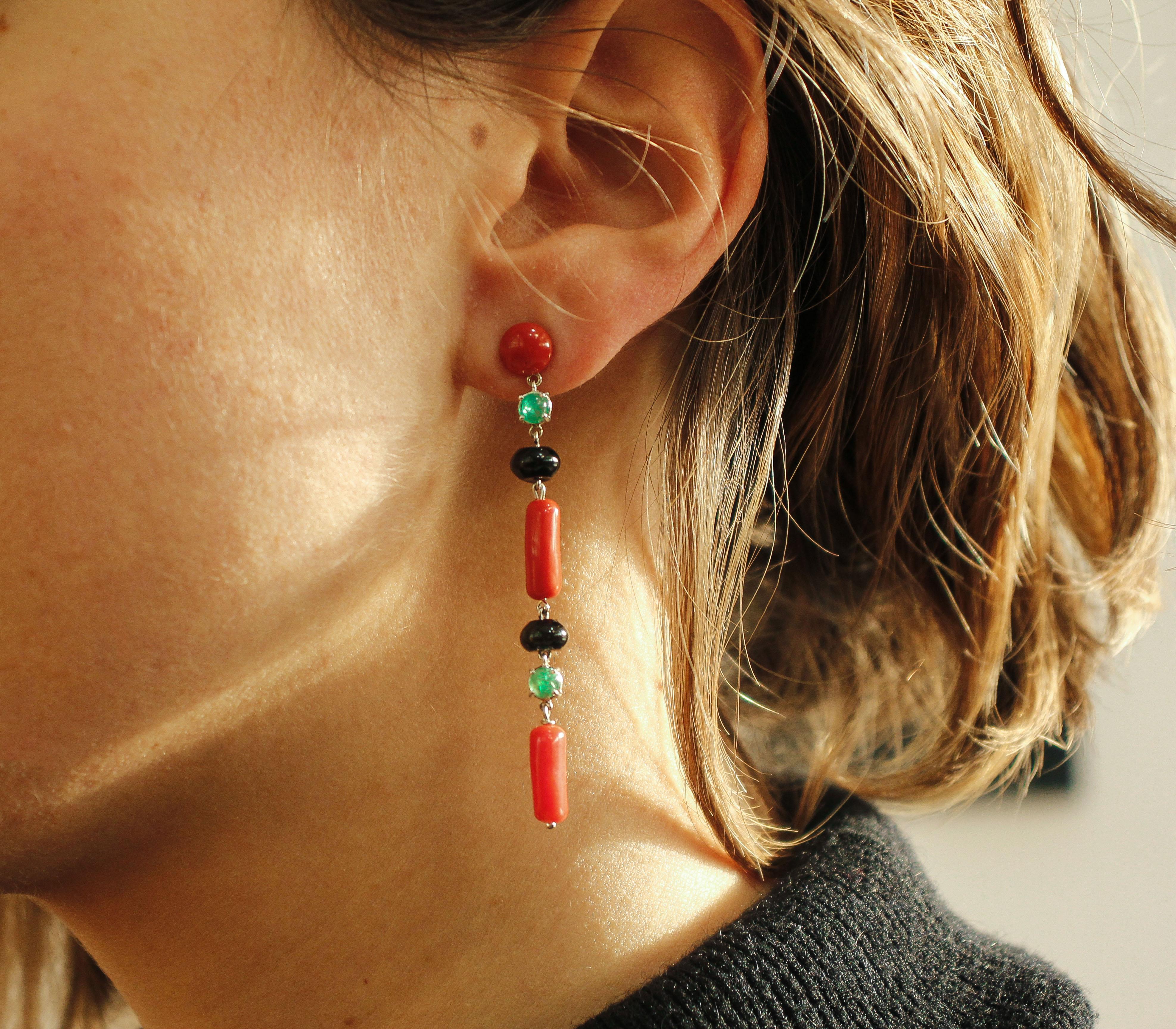 Rubrum Coral, Emeralds, Onyx White Gold Dangle Earrings 2