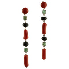 Rubrum Coral, Emeralds, Onyx White Gold Dangle Earrings