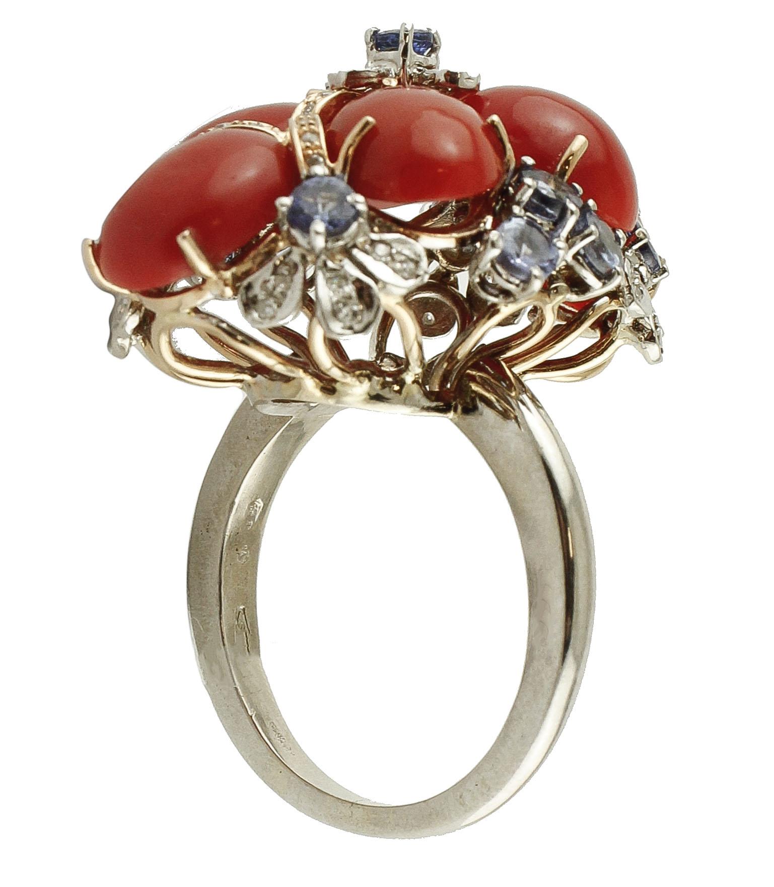Mixed Cut Corals, Tanzanite, Diamonds 14 Karat White and Rose Gold Ring For Sale